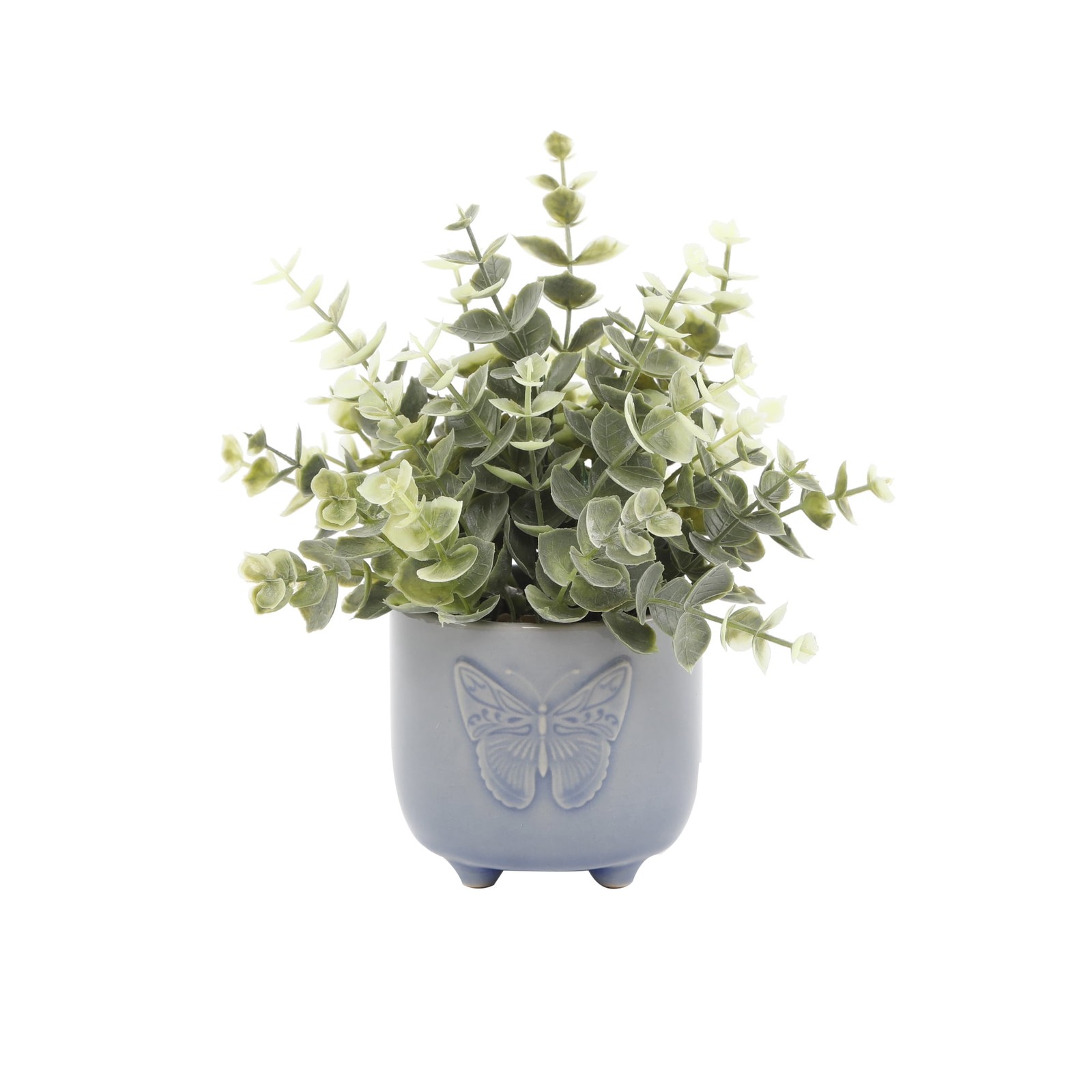 Mainstays 3″ Tabletop Artificial Baby Eucalyptus Plant in Blue Ceramic Butterfly