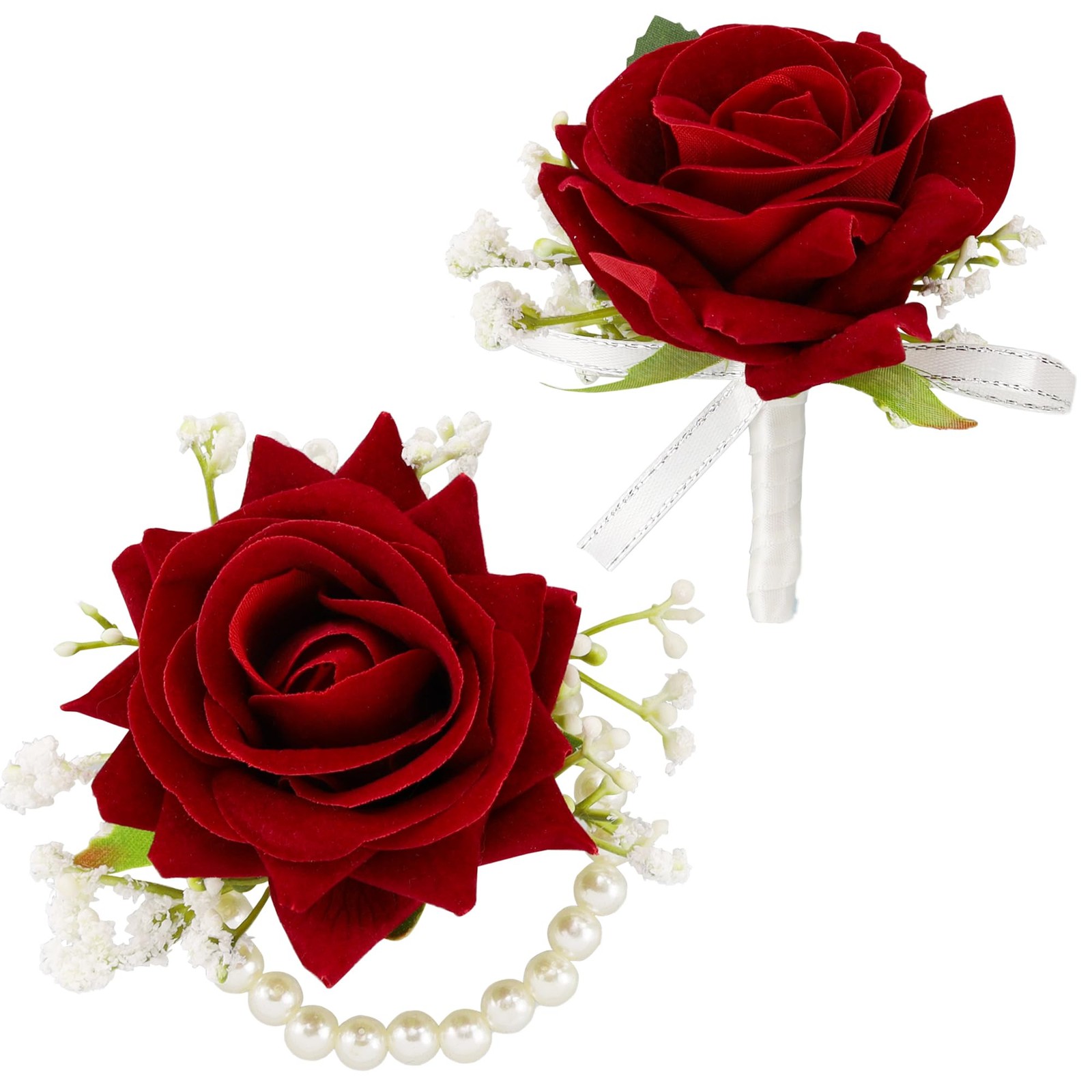 2Pcs Red Rose Corsage and Boutonniere Set Corsage Wristlet Band Bracelet for …