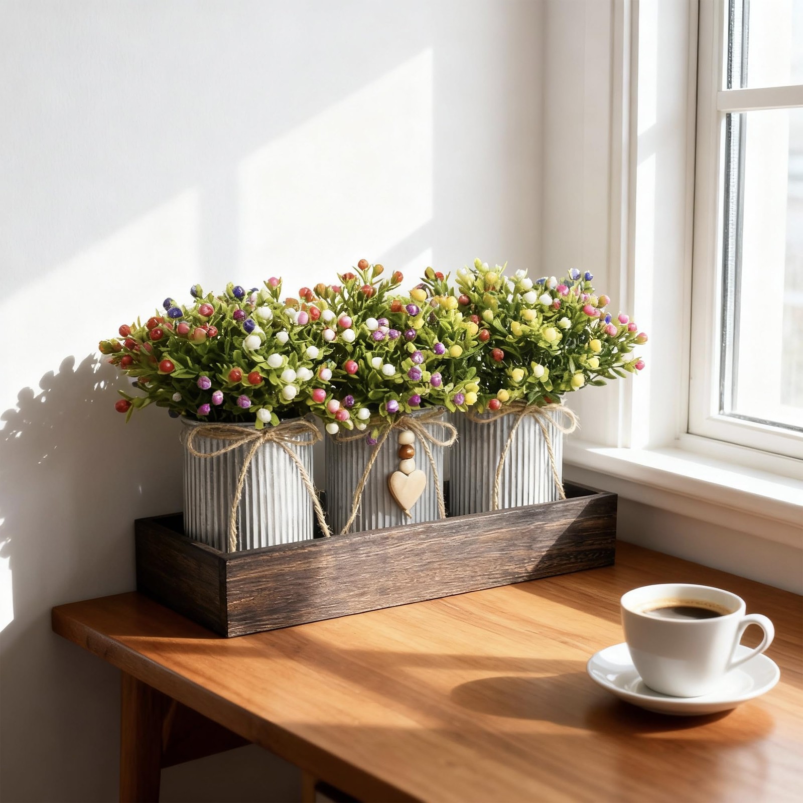 Artificial Milan Flower Bouquet Table Centerpiece 3MetalPot Tray Home Decor