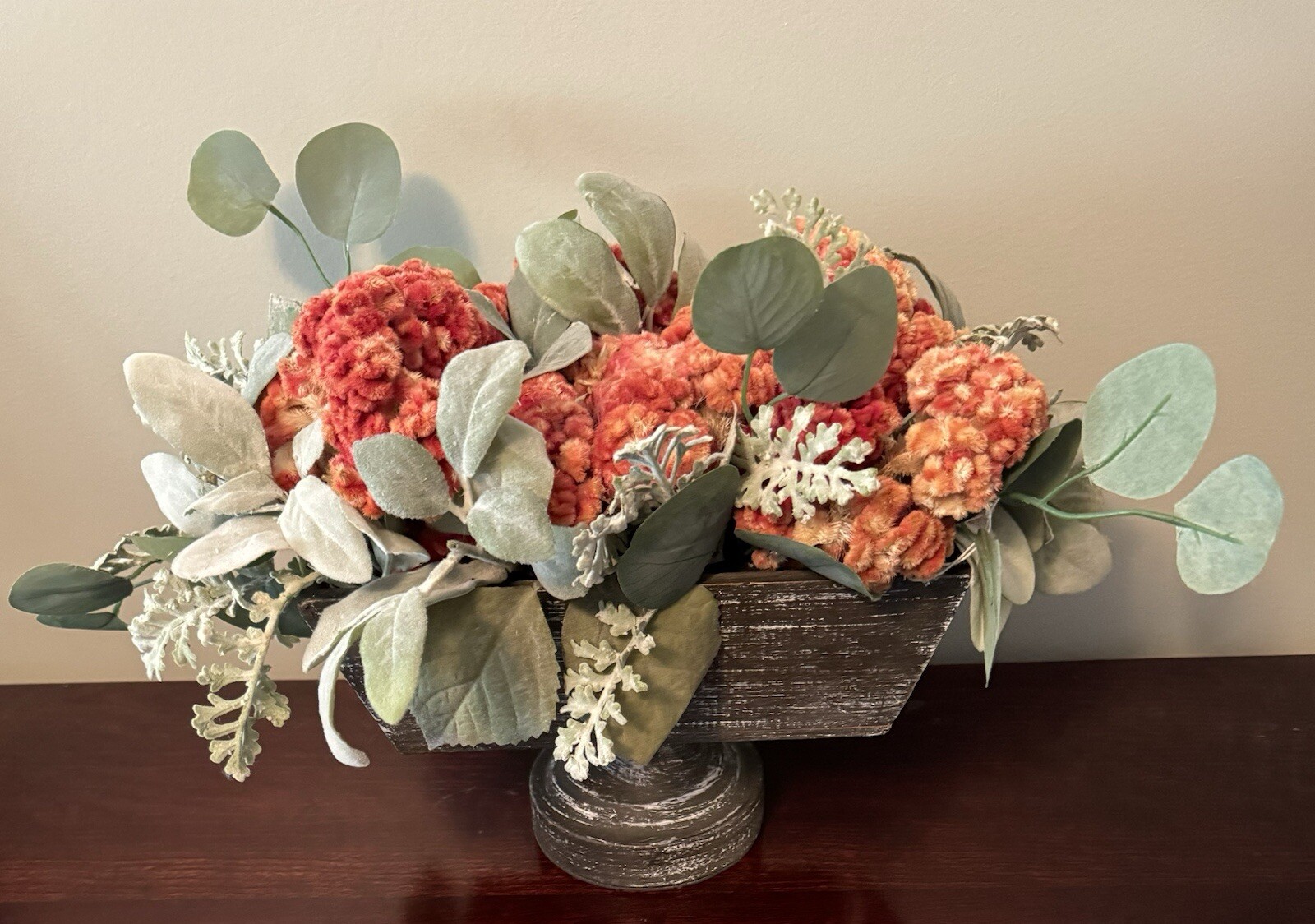 Orange Dried Floral Centerpiece Decor & Faux Green Leaves Metal Base Wooden Box