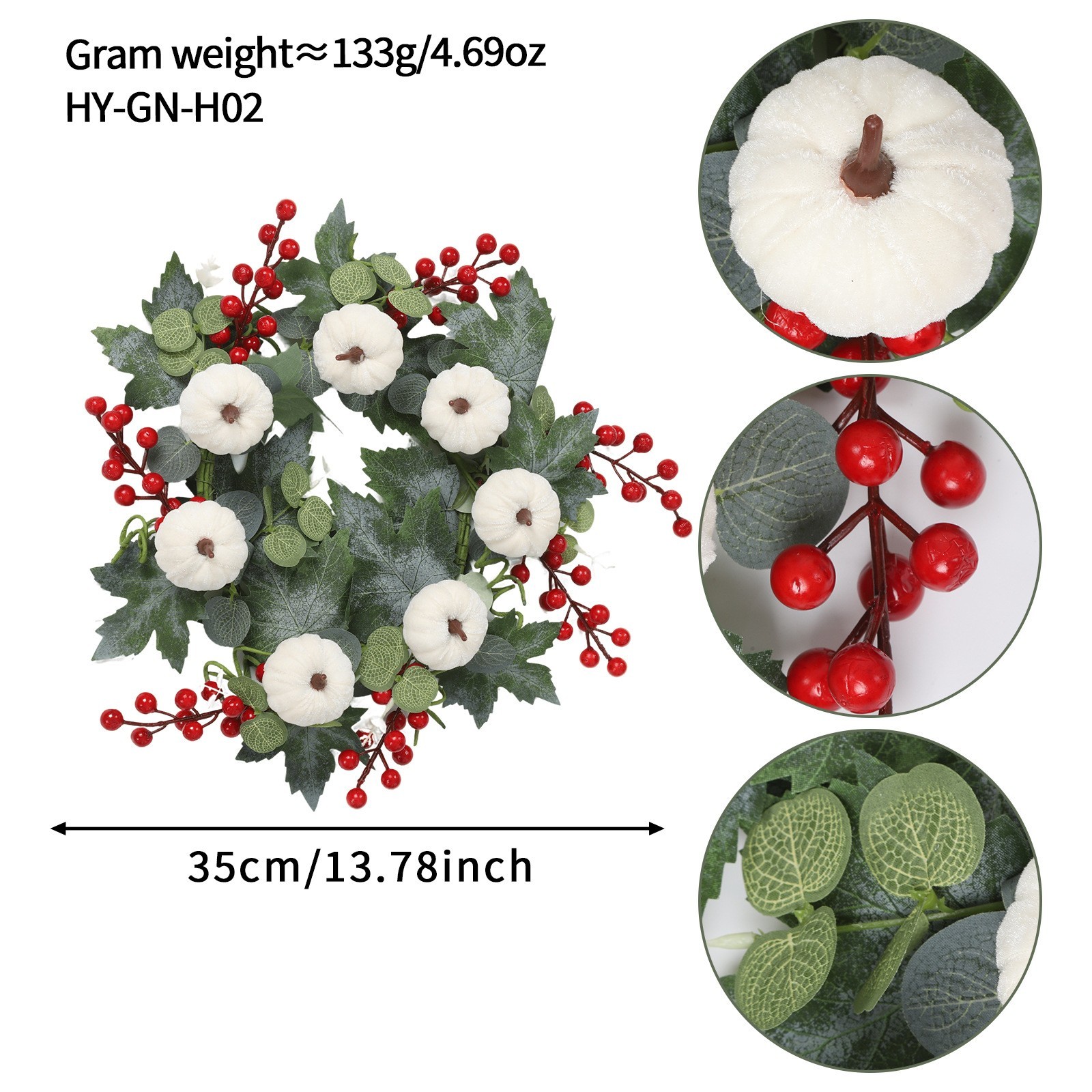 14in Autumn Wreath Plastic Eucalyptus Maple Leaves Flocked Pumpkins Red Berries
