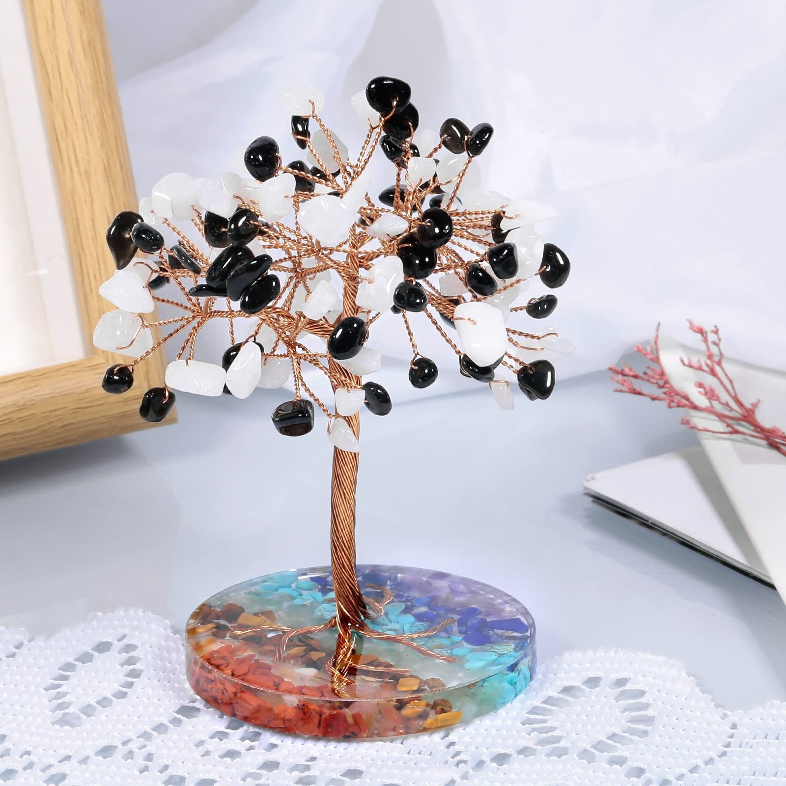 4.6″ Crystal Money Tree White Jade Black Obsidian 7 Chakra Stone Base