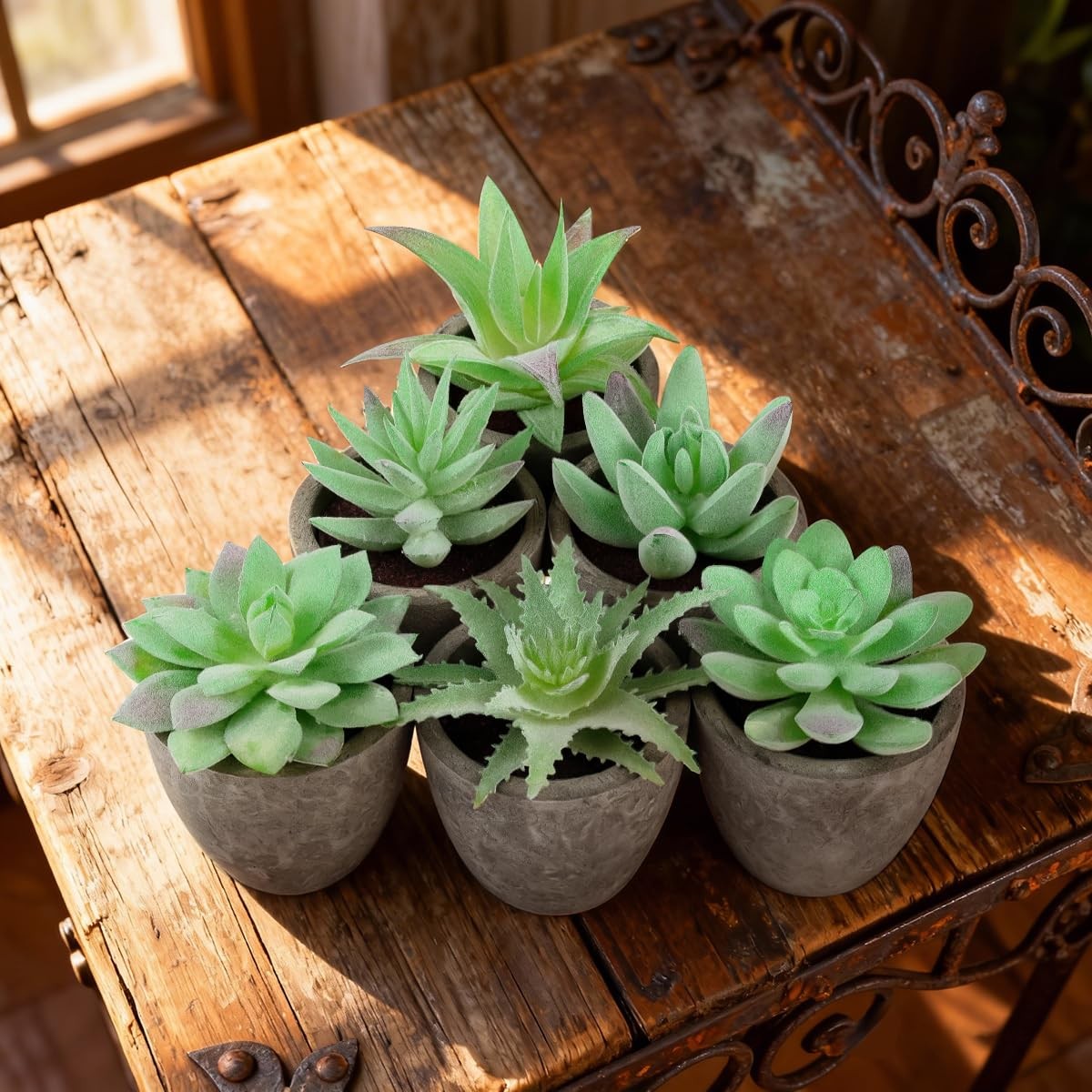 6pcs Assorted Faux Green Succulents Plastic Pots Shelf Windowsill Decor