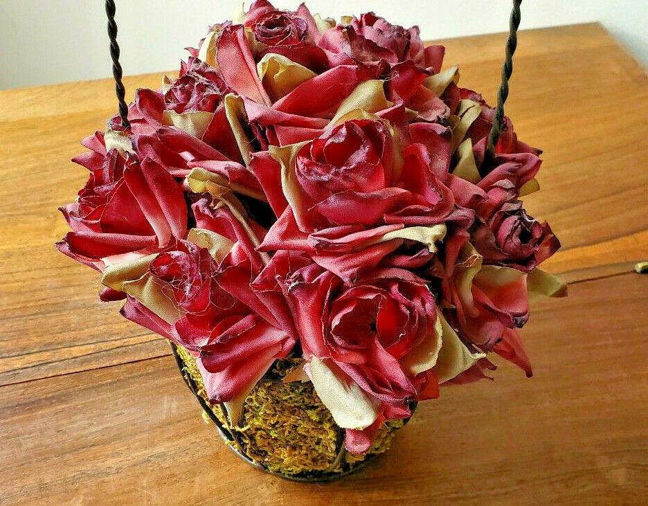 Artificial Fall Bouquet Of Roses In A Black Intertwined Wired Basket