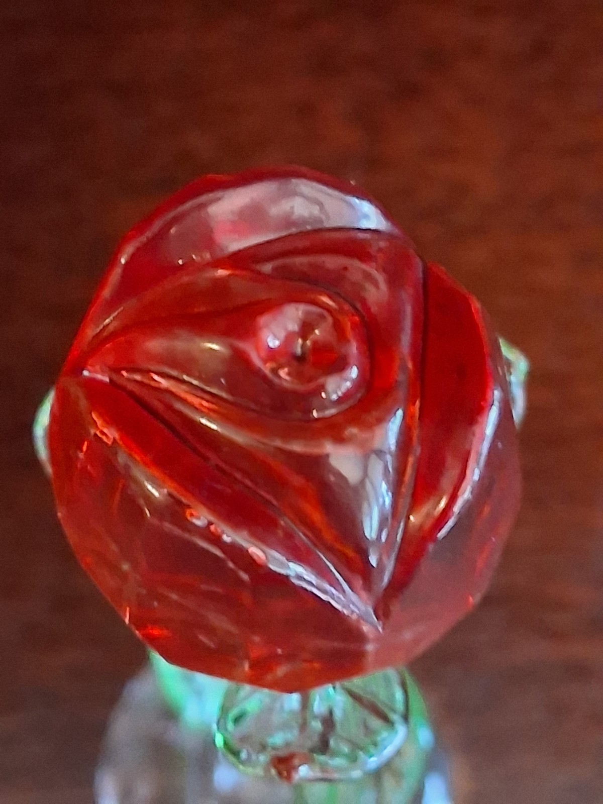 Painted Rosebud With Leaves And Clear Stem And Round Base About 5 Inches Tall