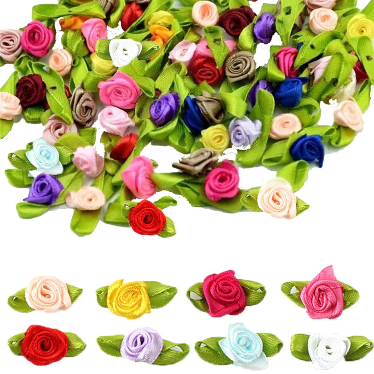 200 Pcs Mini Ribbon Roses Artificial Fabric Flowers for DIY Crafts Sewing