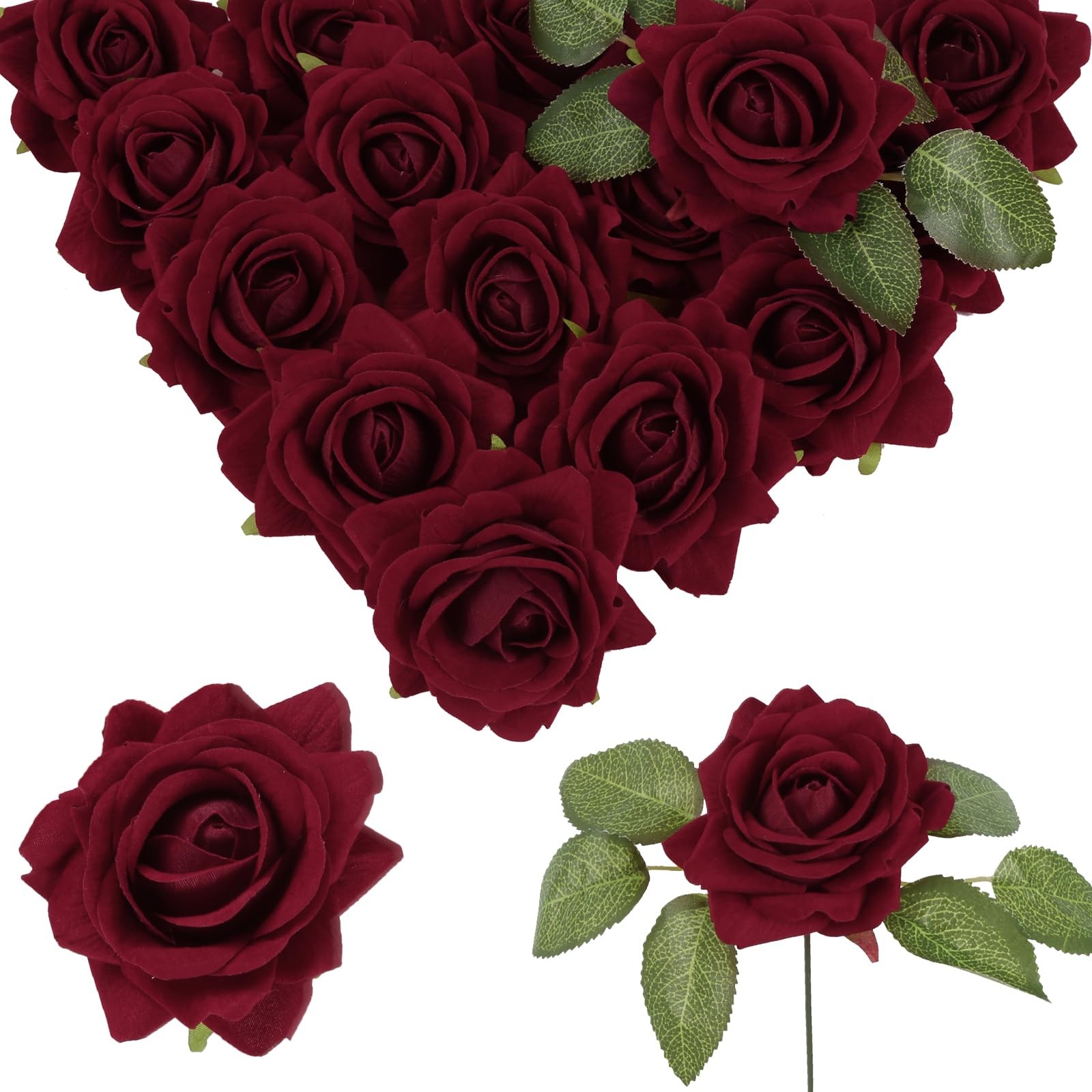 Burgundy Roses 16pcs Velvet Artificial Roses Maroon Flowers 3.15″ Silk Roses …