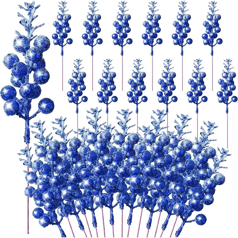 19Cm Christmas Blue Glitter Berry Stems Artificial Foam Berry Snow Covered Berry