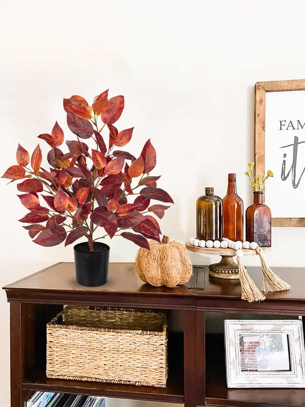 19.7 Inch Fake Fall Autumn Elm Leaf Tree Black Pot Artificial Faux Plant Decor