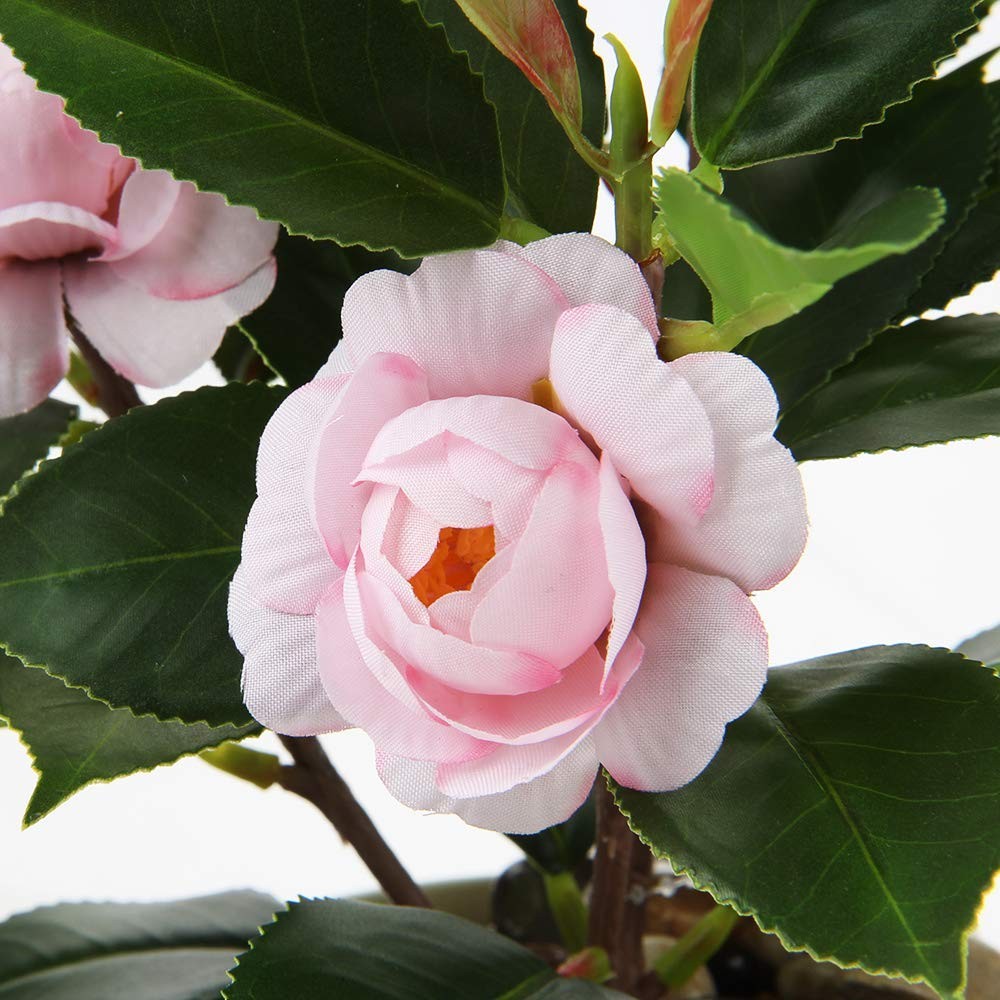 Mini Camellia Potted Artificial Plants Small Faux Plastic Flowers w/ Vase
