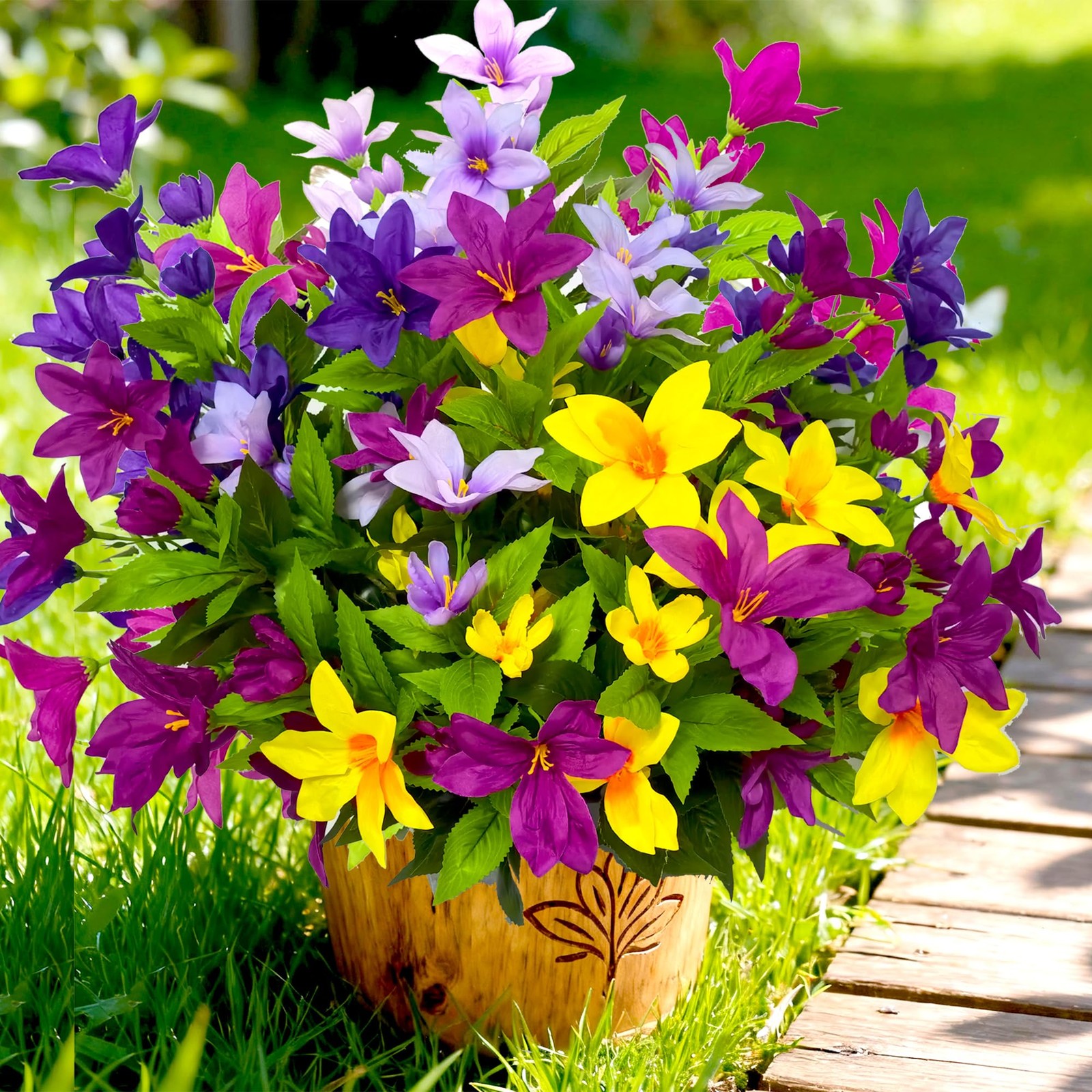 4 Large Bundles Artificial Faux Outdoor Flowers Plants , 17.8″ Realistic Fake…
