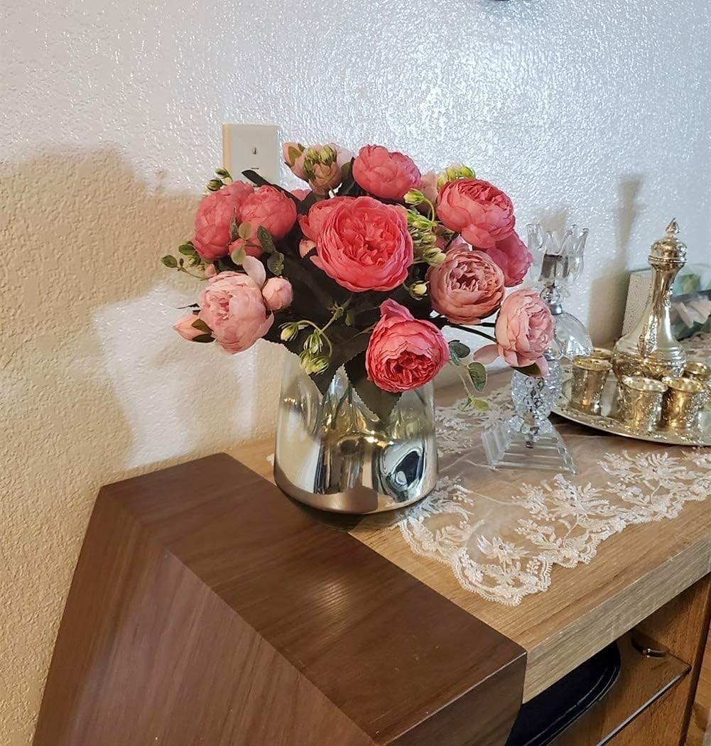 4 Bundles Artificial Peony Silk Bouquet Rose Red Pink Fake Flowers Bulk Decor