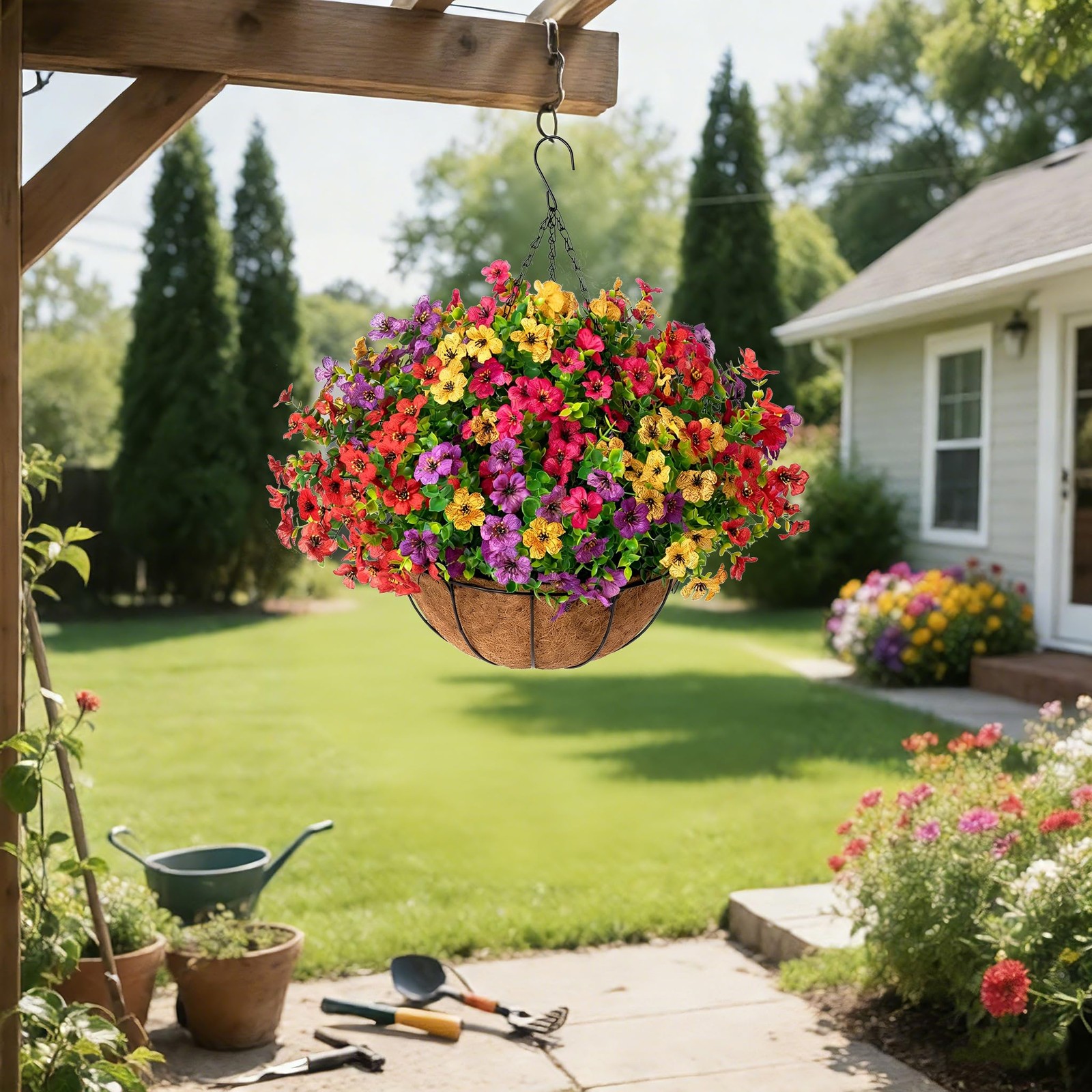 Artificial Outdoor Hanging Flower Basket Faux Silk UV Resistant Spring Summer…