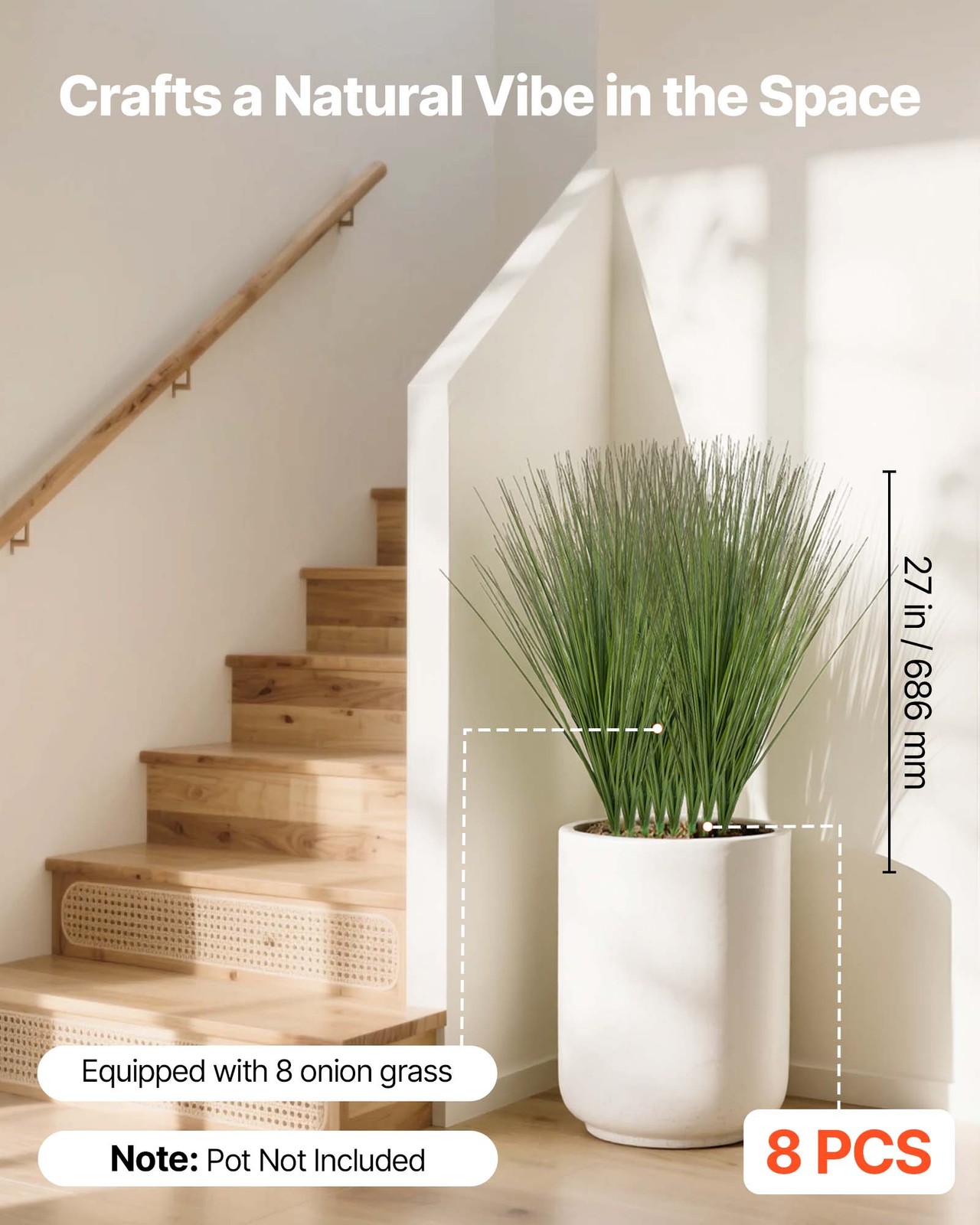 VEVOR Artificial Grass Plant 27 Inch Faux Onion Grass 8 Pack Greenery Shrubs