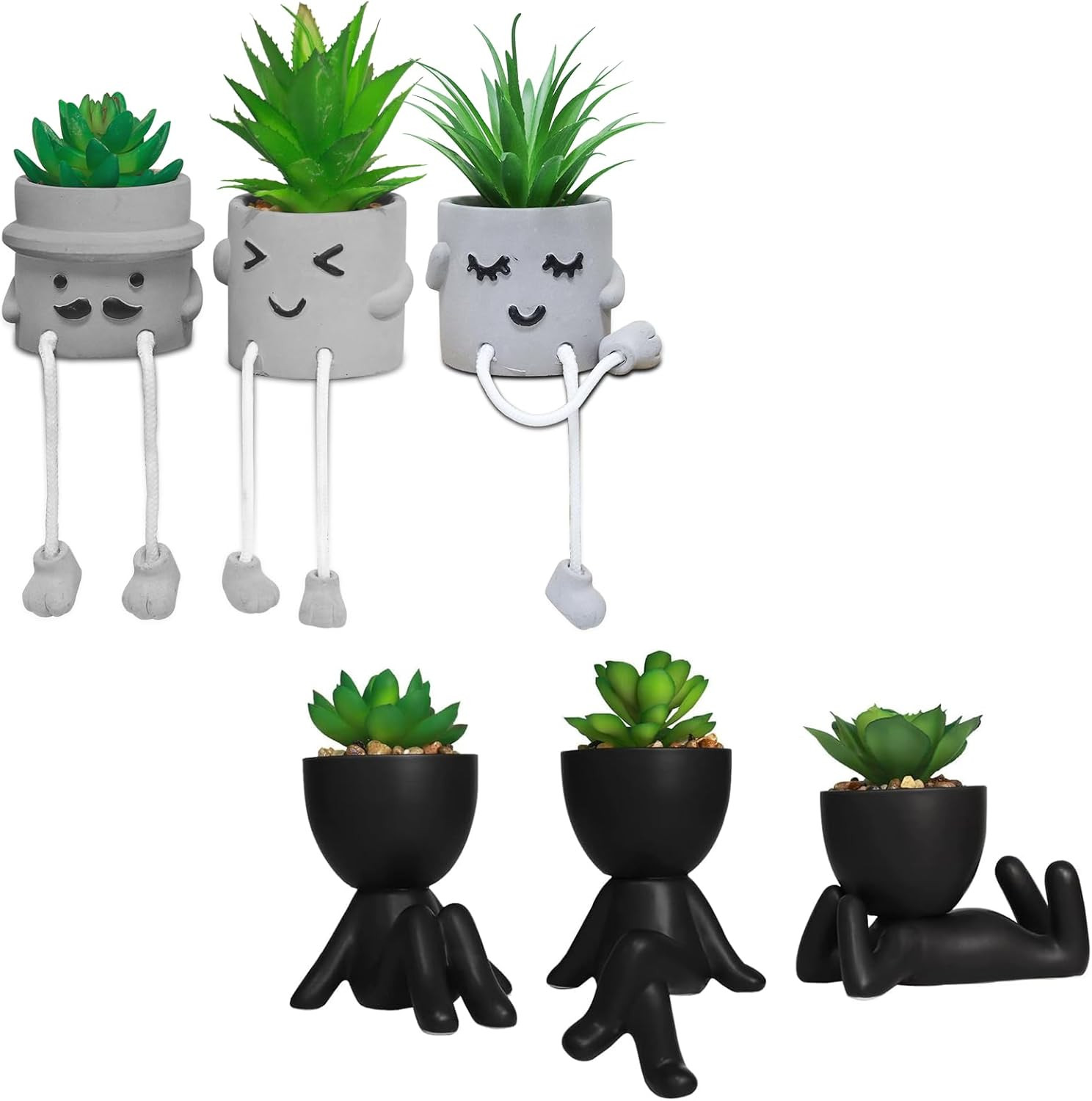 3Pcs Cute Artificial Succulents in Creative Human Shaped Pots Bundle