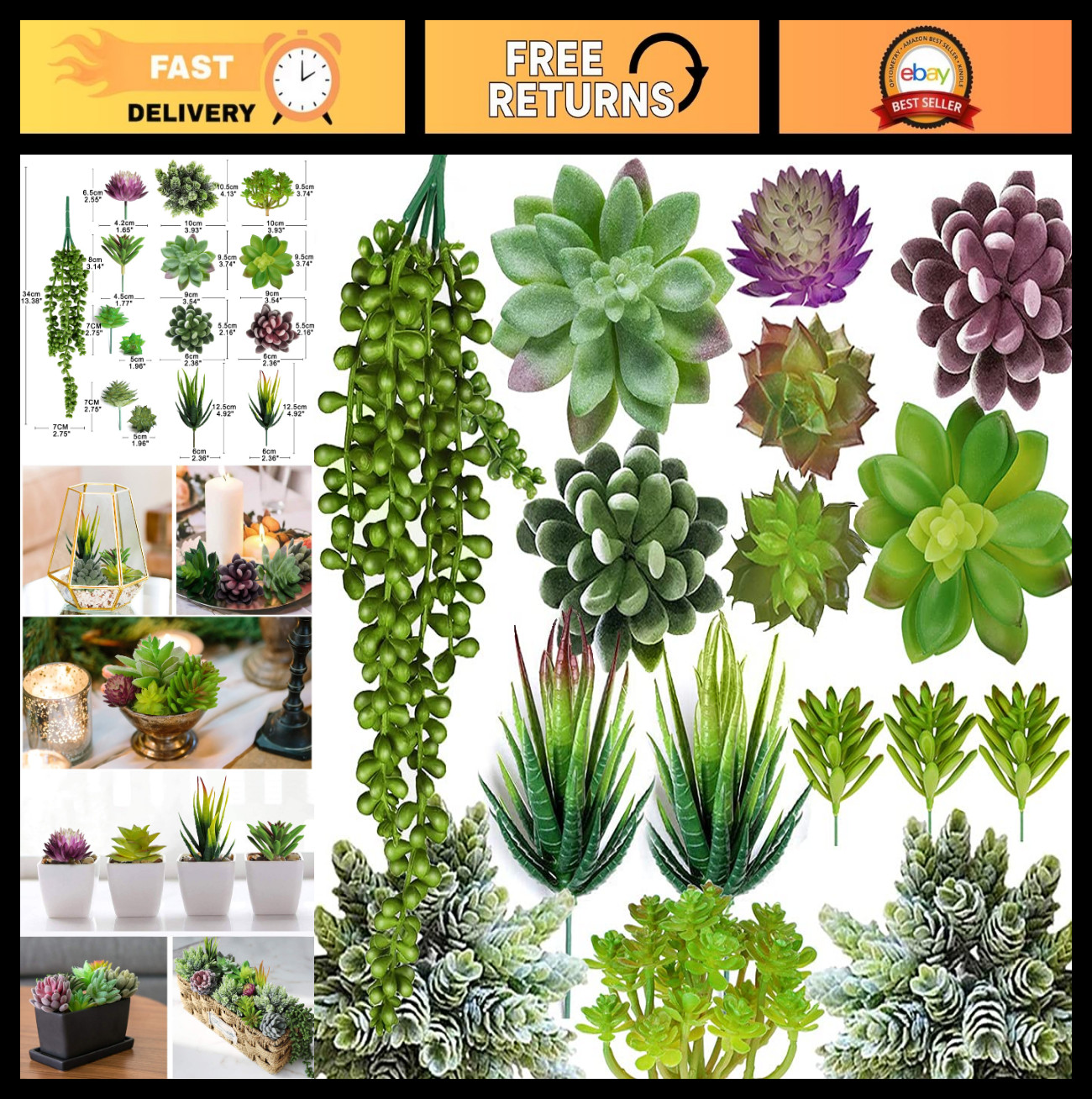 16 Pcs Artificial Succulent Plants Set – Realistic Faux Unpotted Decor for Home,