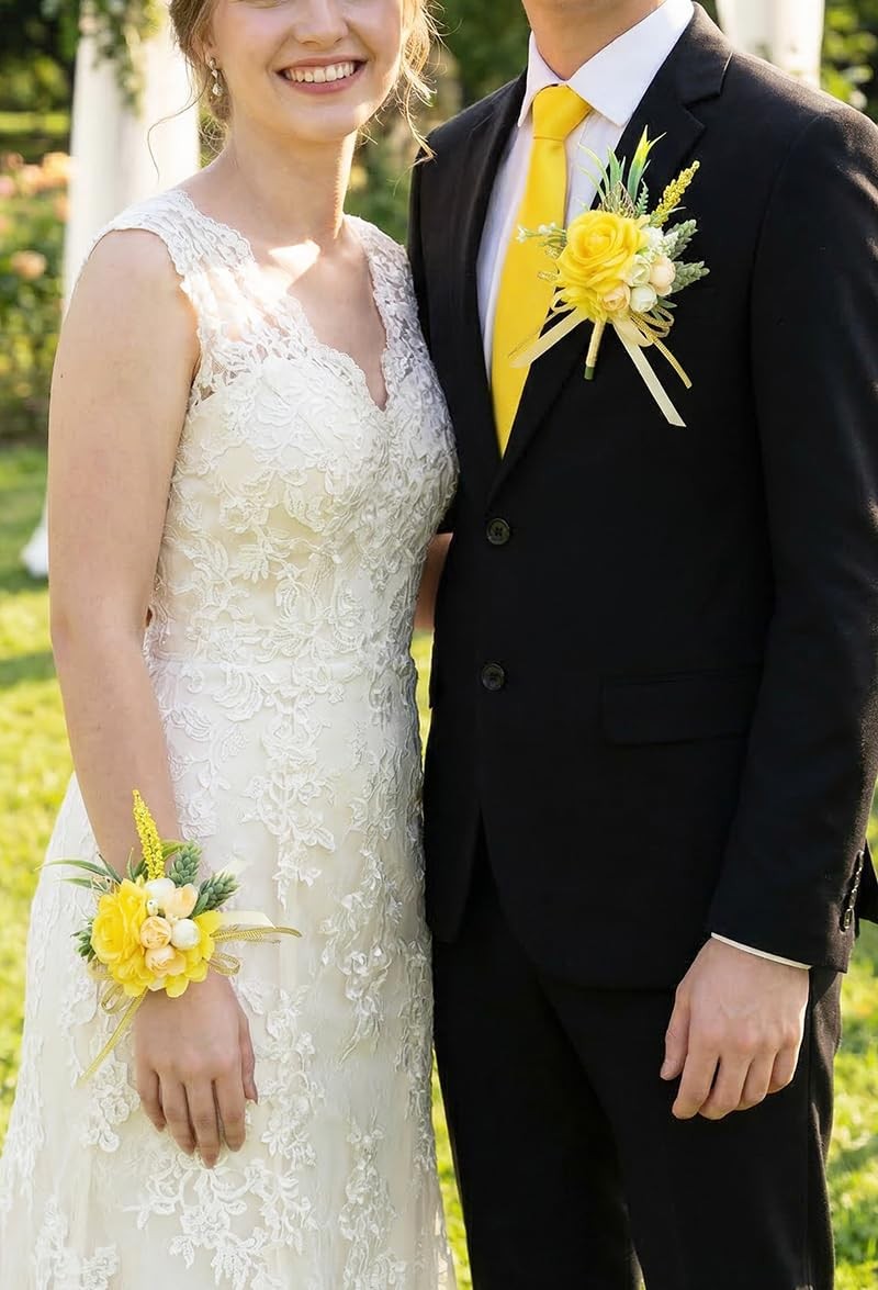 2 Pcs Wrist Corsage and Boutonniere Set, Yellow Corsage for Wedding, Boutonni