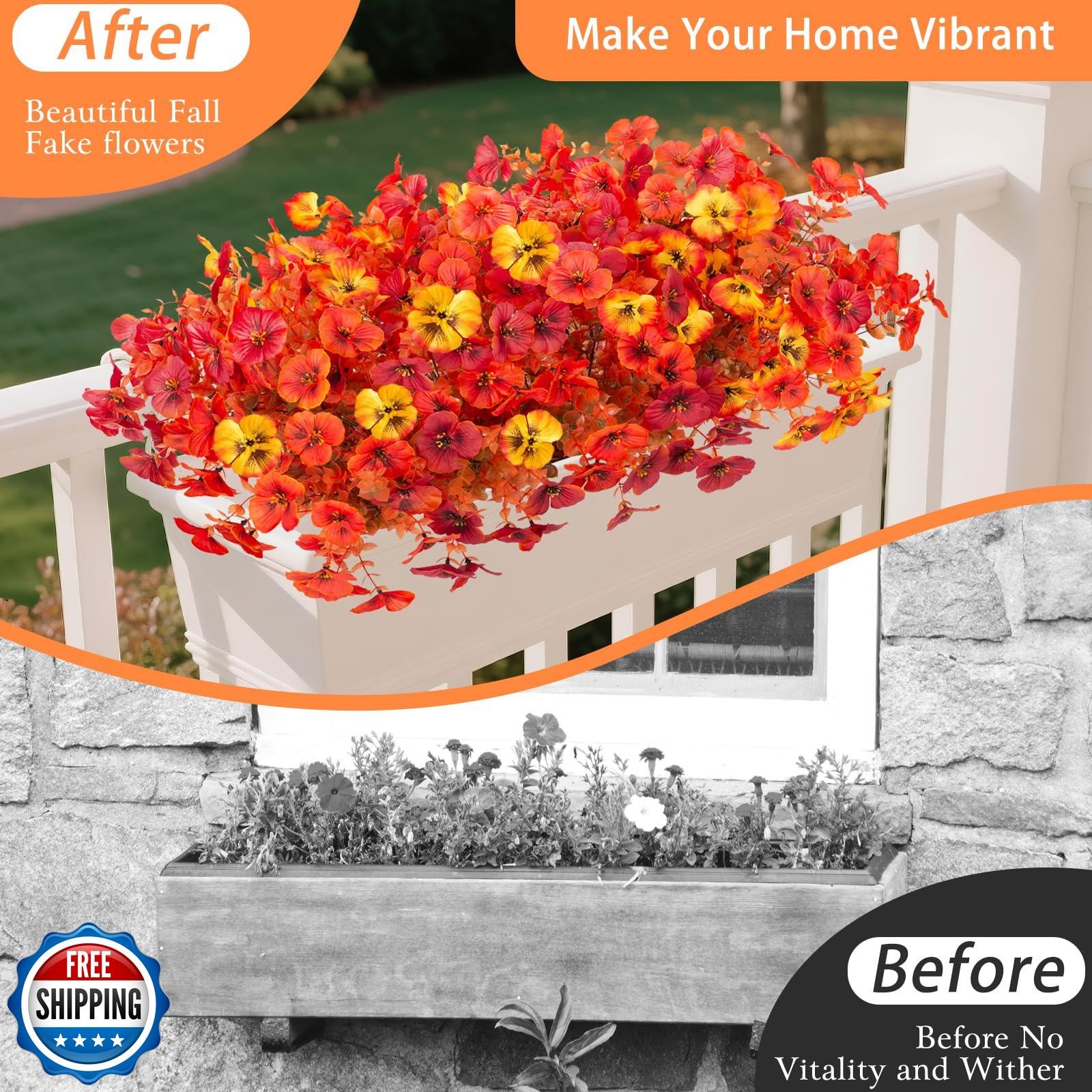 Artificial Fall Flowers for Outdoors Decoration, 12 Bundles Faux Pansies Fake