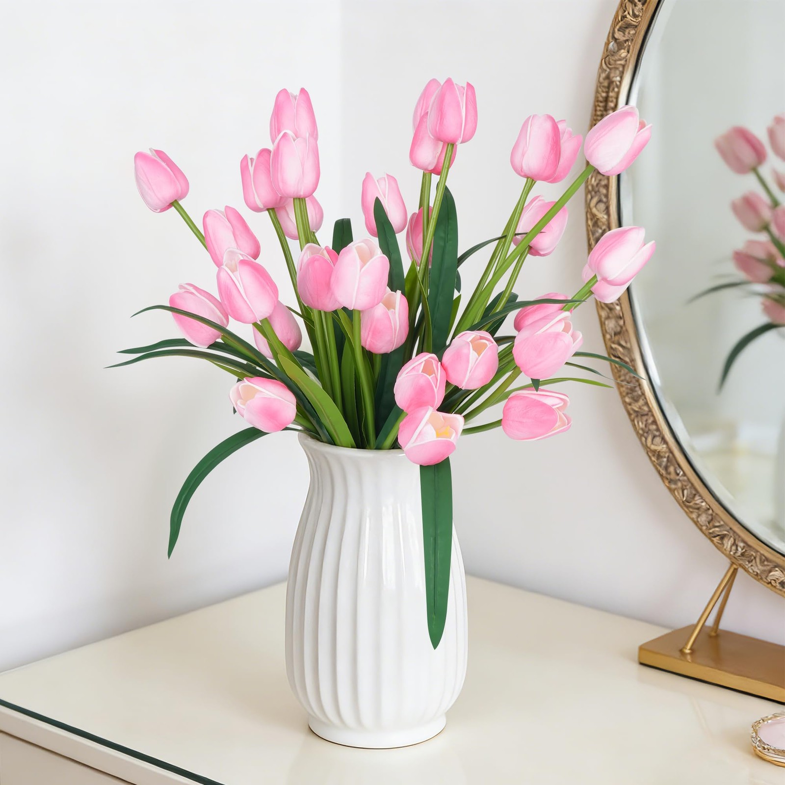 30Pack 18.9 Inch Large Pink Simulation Tulip Artificial Flowers Faux