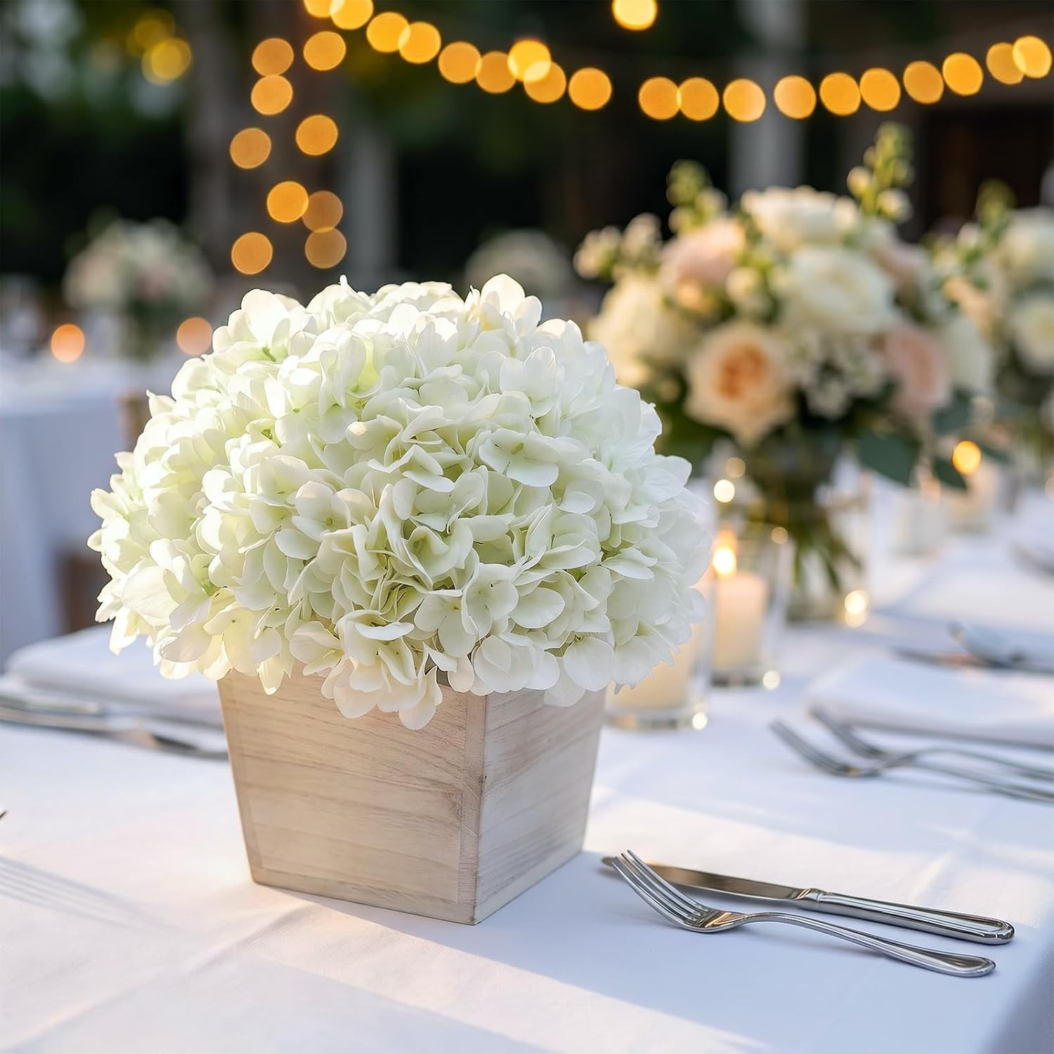 White 10″ Artificial Hydrangea in Wood Planter – No Assembly, Table Decor
