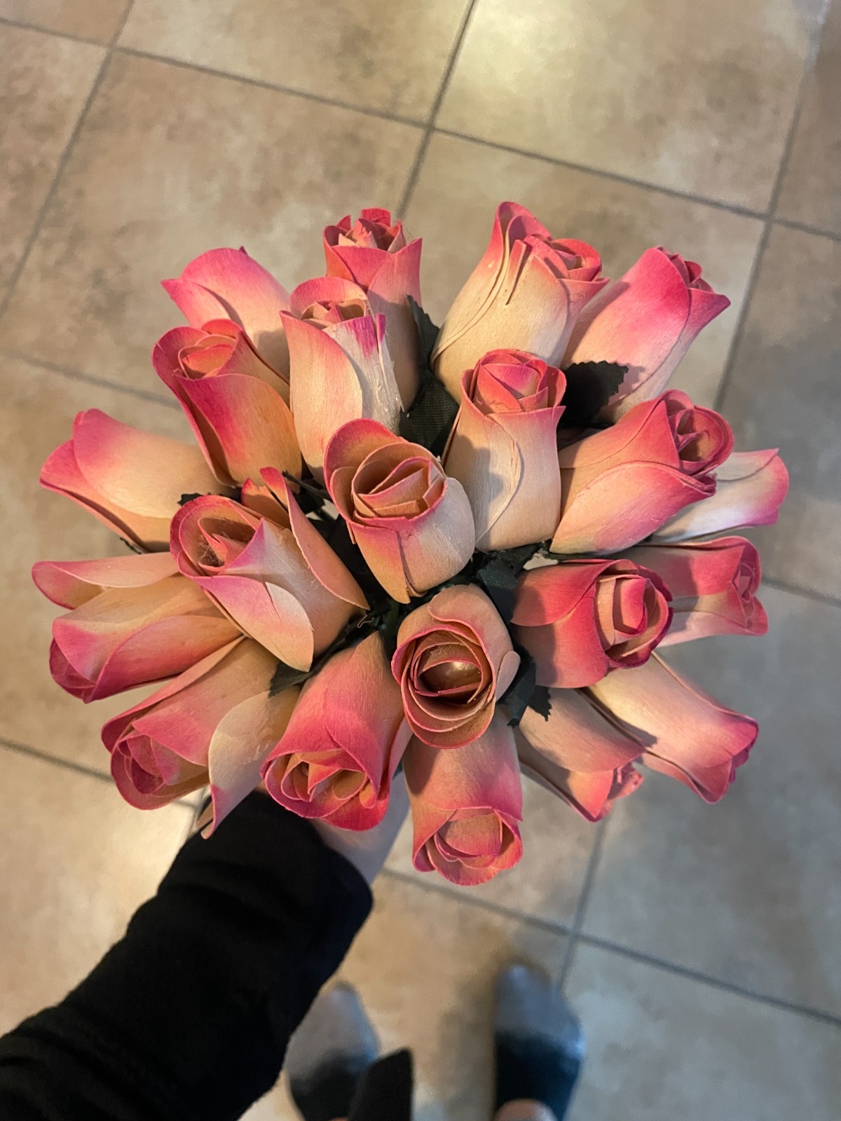 Bouquet Of Wooden Fake Roses Red & White Ombre lot of 21 Decorative