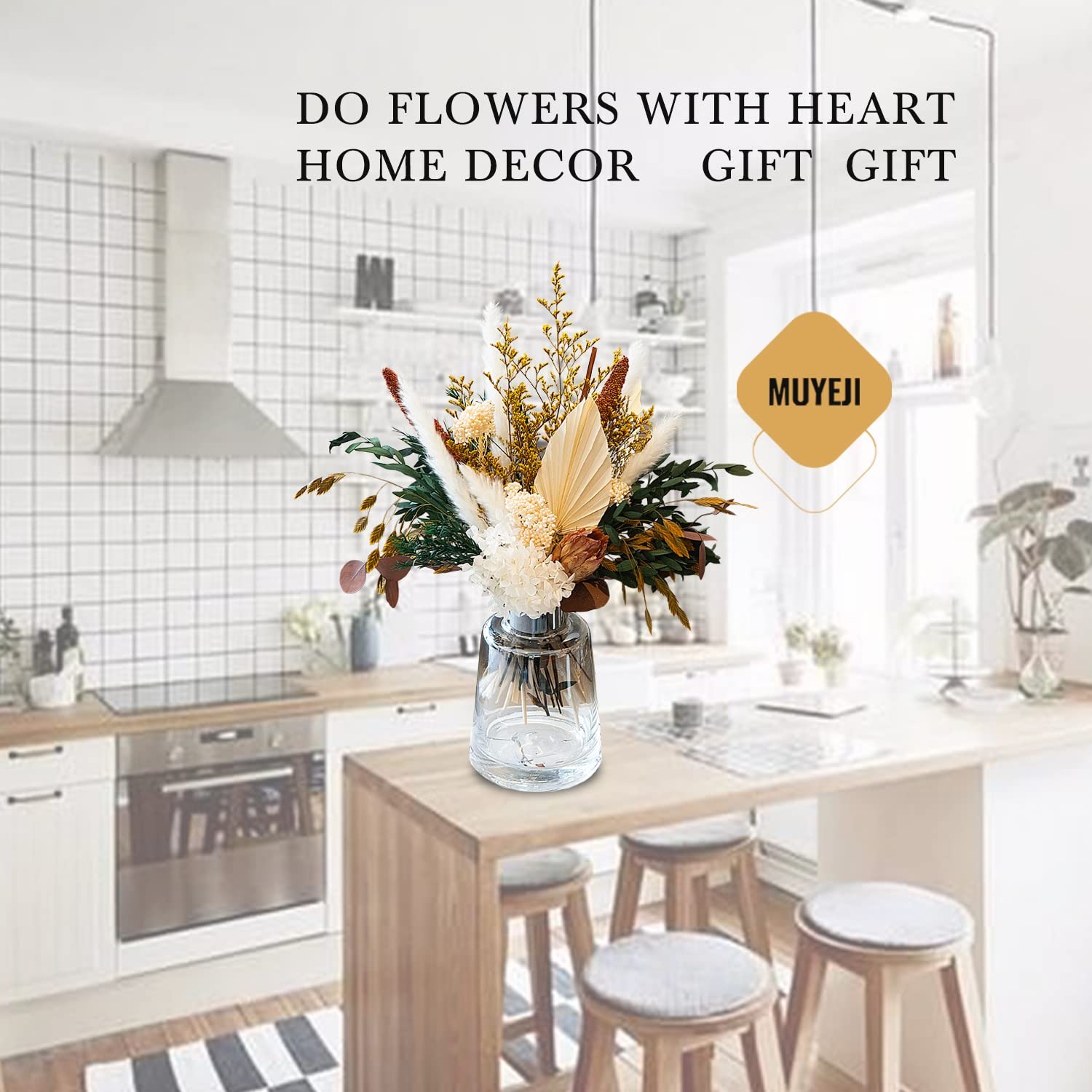 Neutral Dried Flower Bouquet, Cream White & Green Boho Dried Floral Arrangeme…
