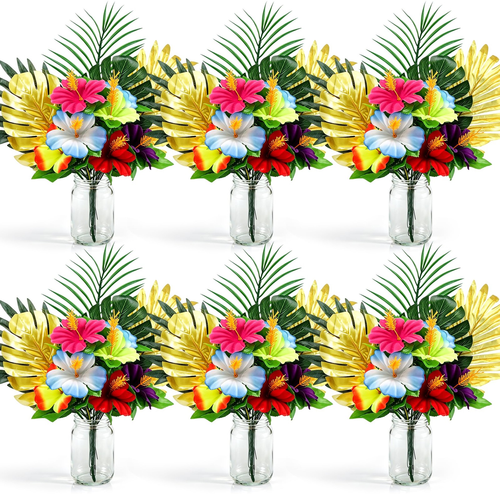 6 Pack Hawaiian Flower Centerpieces with Mason Jars Artificial Hibiscus Bouqu…