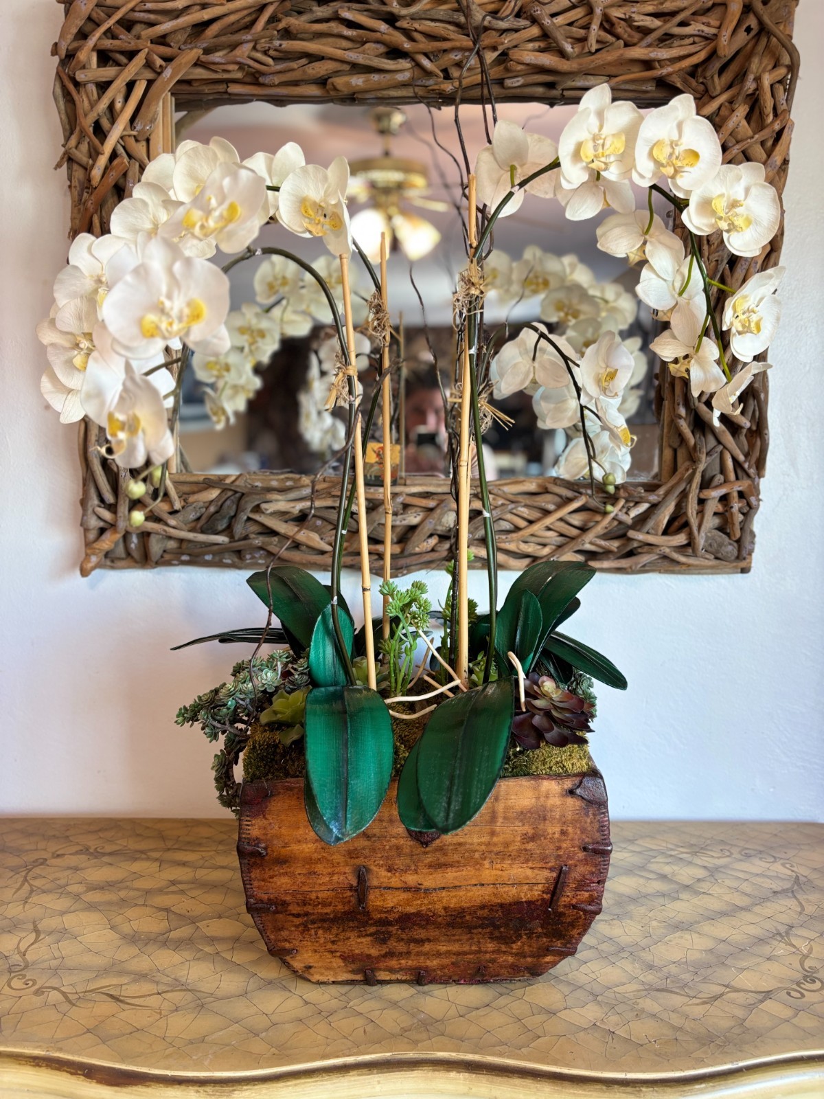 White Orchid Succulent Moss Faux Plant Arrangement