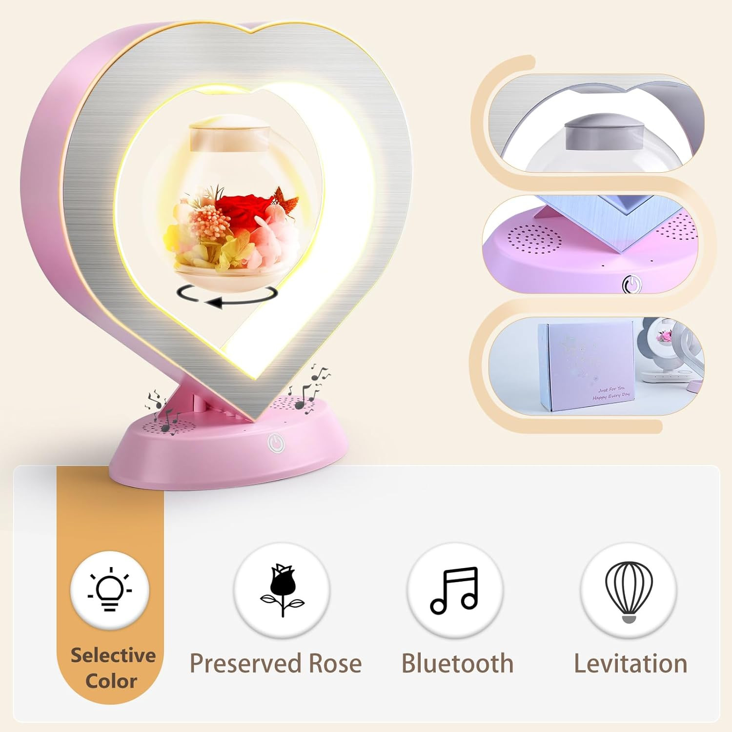 Heart Preserved Rose Flowers with Bluetooth Speakers, 5W Pink Magnetic Levitatio