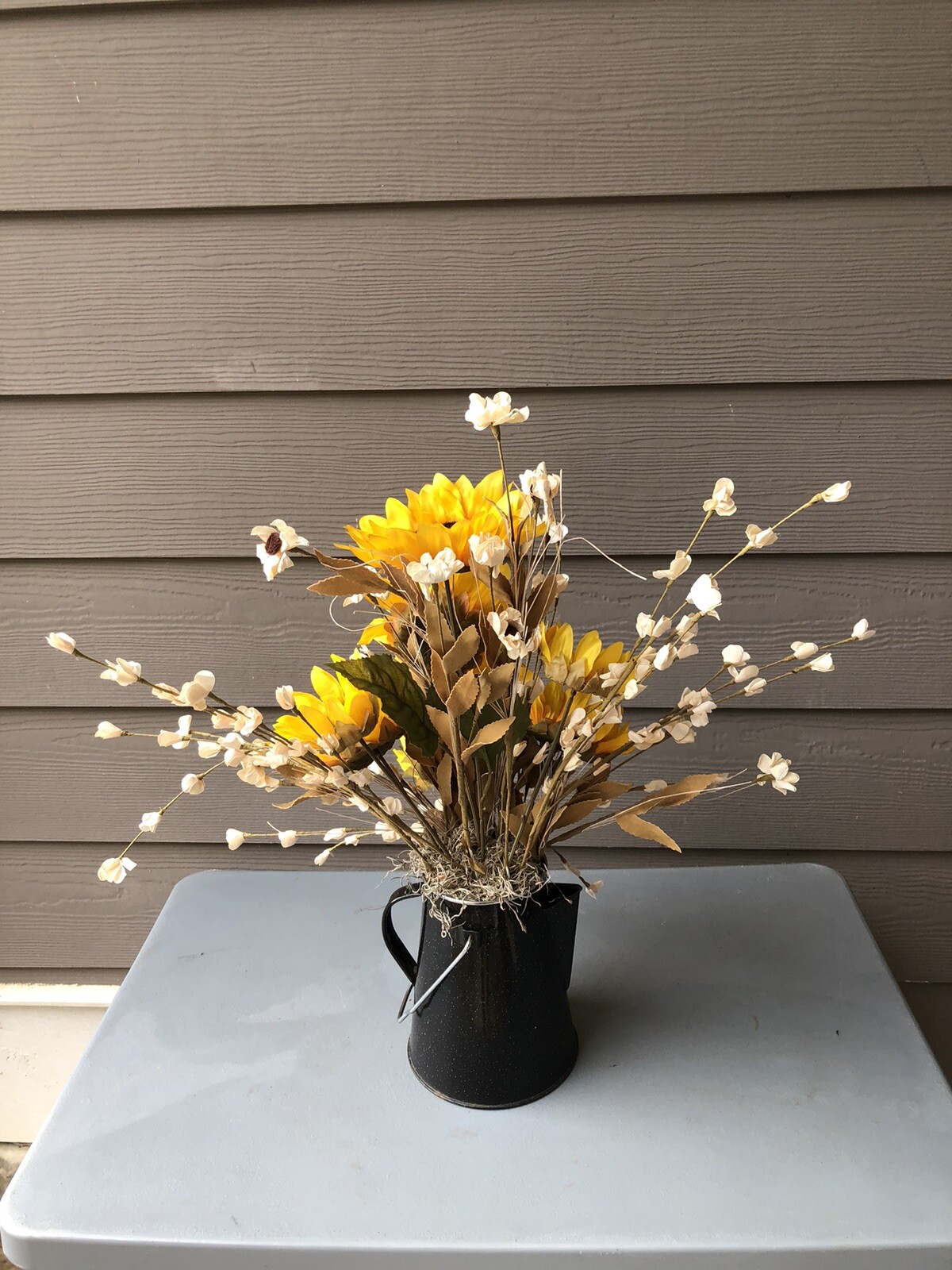 New Handmade Fall Floral Arrangement With Sunflowers In A Coffee Pot