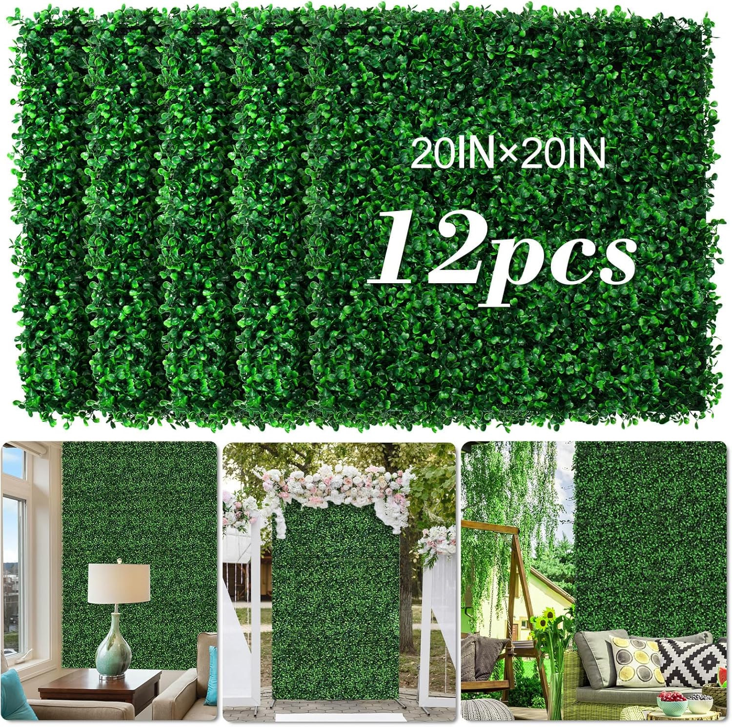 AOKIE 20″X20″ Artificial Grass Wall, 12 Pcs Boxwood Hedge Wall Panels Uv-Anti Gr