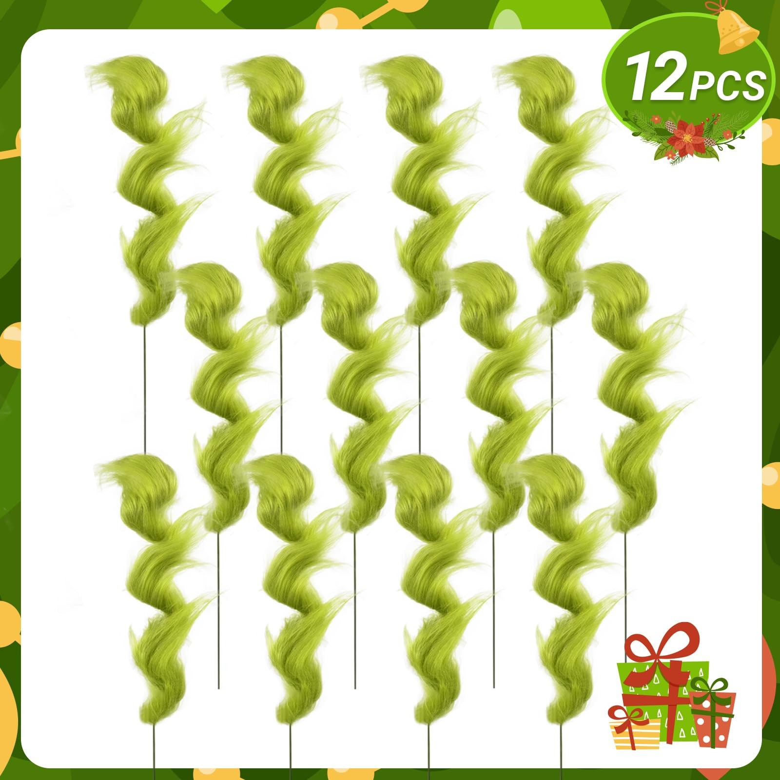 12 PCS Lime Green Furry Christmas Tree Picks Glitter Curly Candy Vase Filler