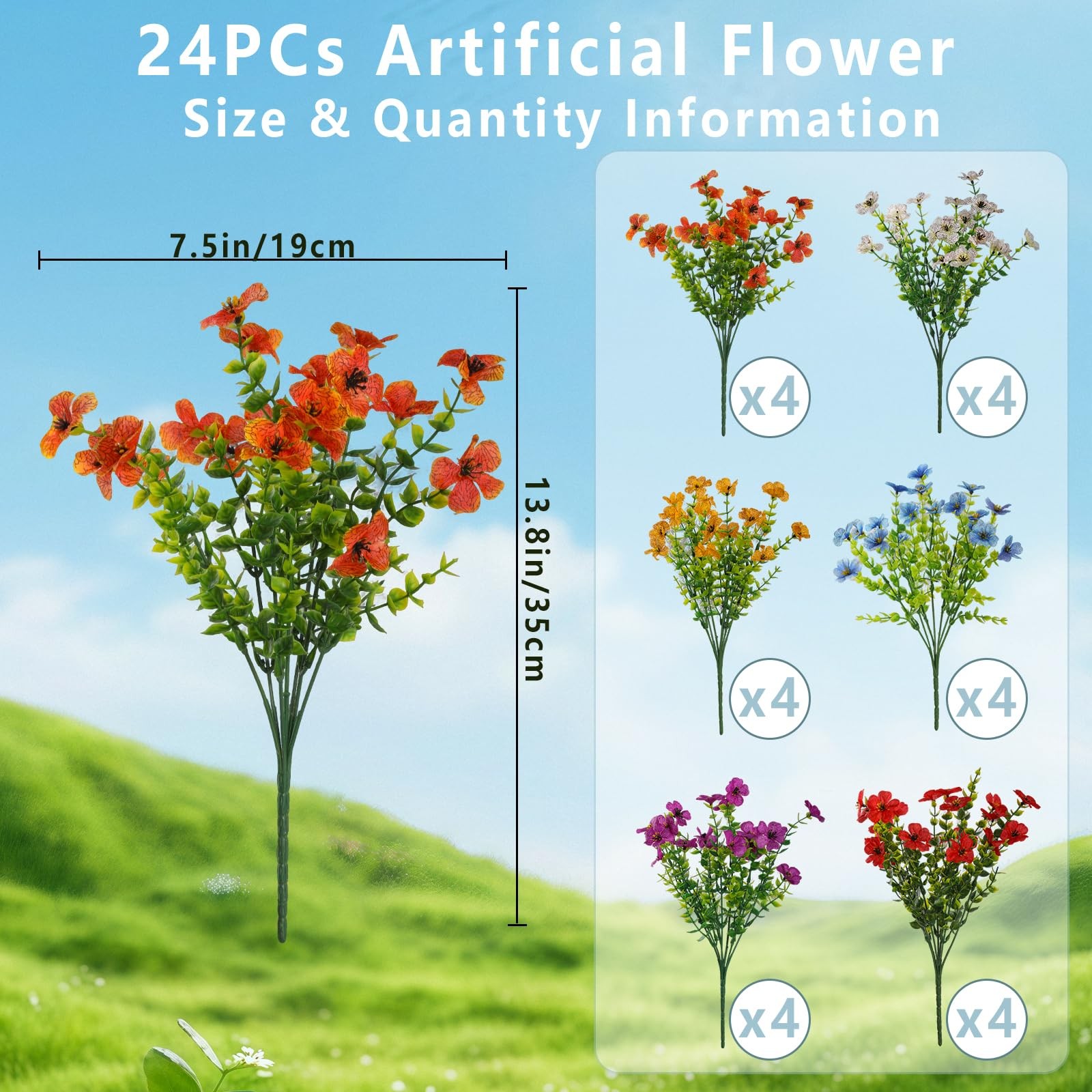 24 Bundles Artificial Flowers for Outdoors Indoor, 6 Colors Fake Flowers for …