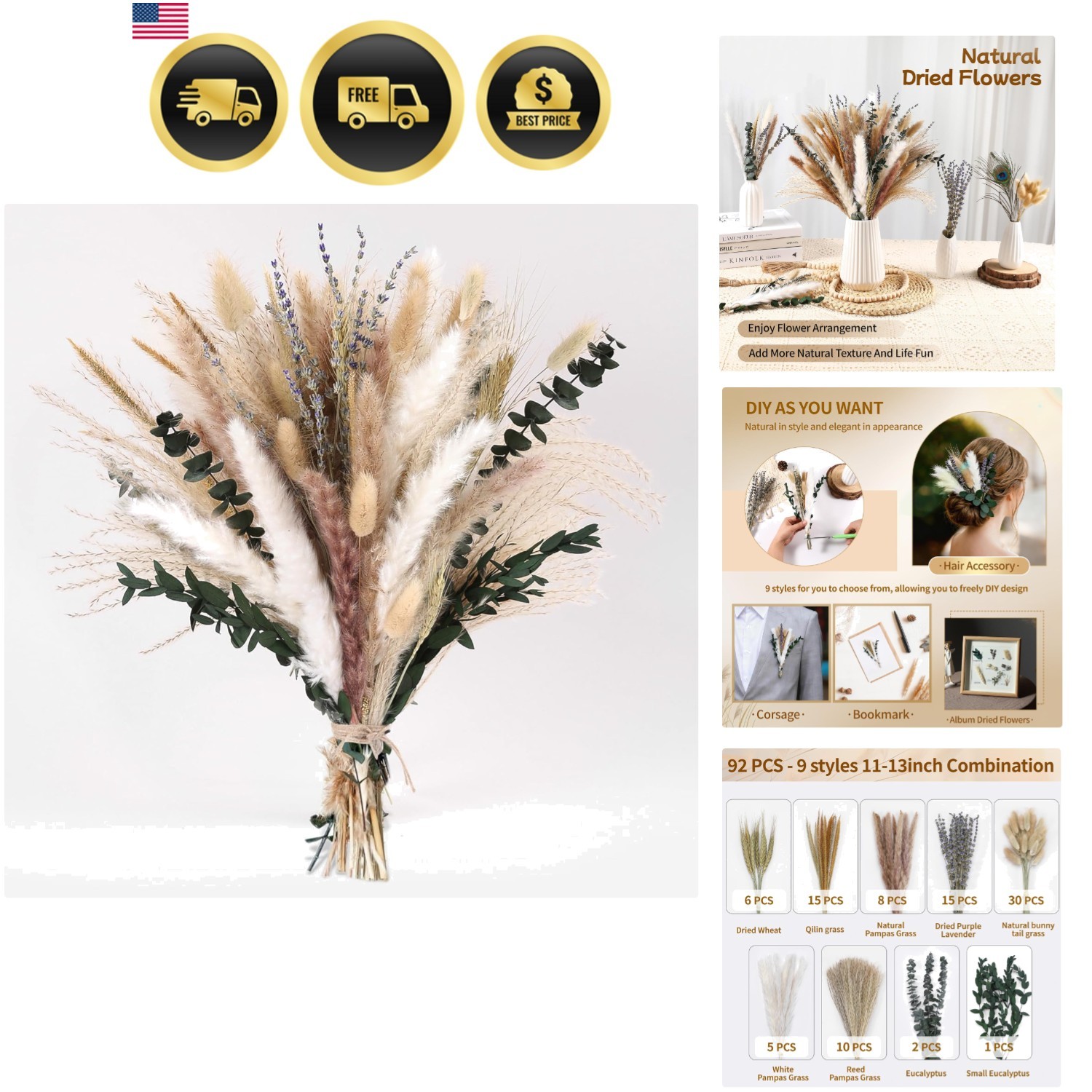 Versatile Dried Flower Collection – 92 Pcs with Pampas, Eucalyptus & Lavender