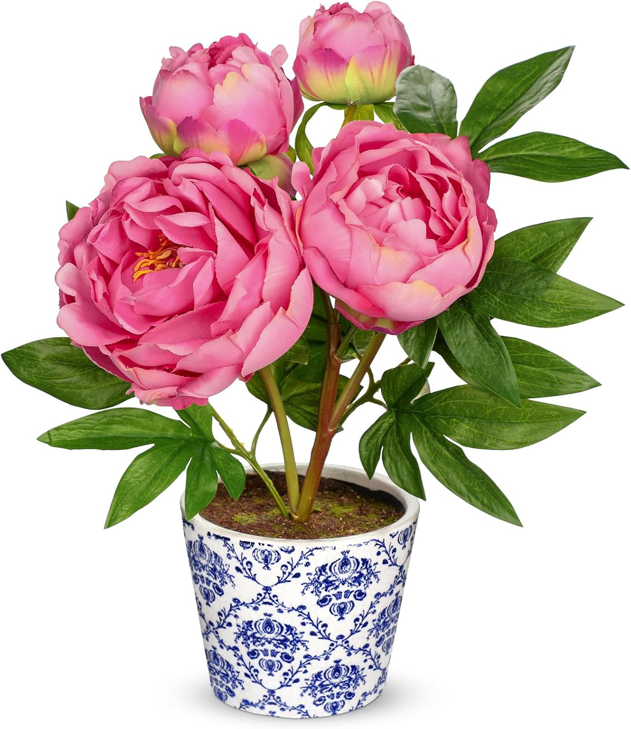 Realistic Faux Peony Flowers in Blue & White Pot – 13.8″ Home Decor