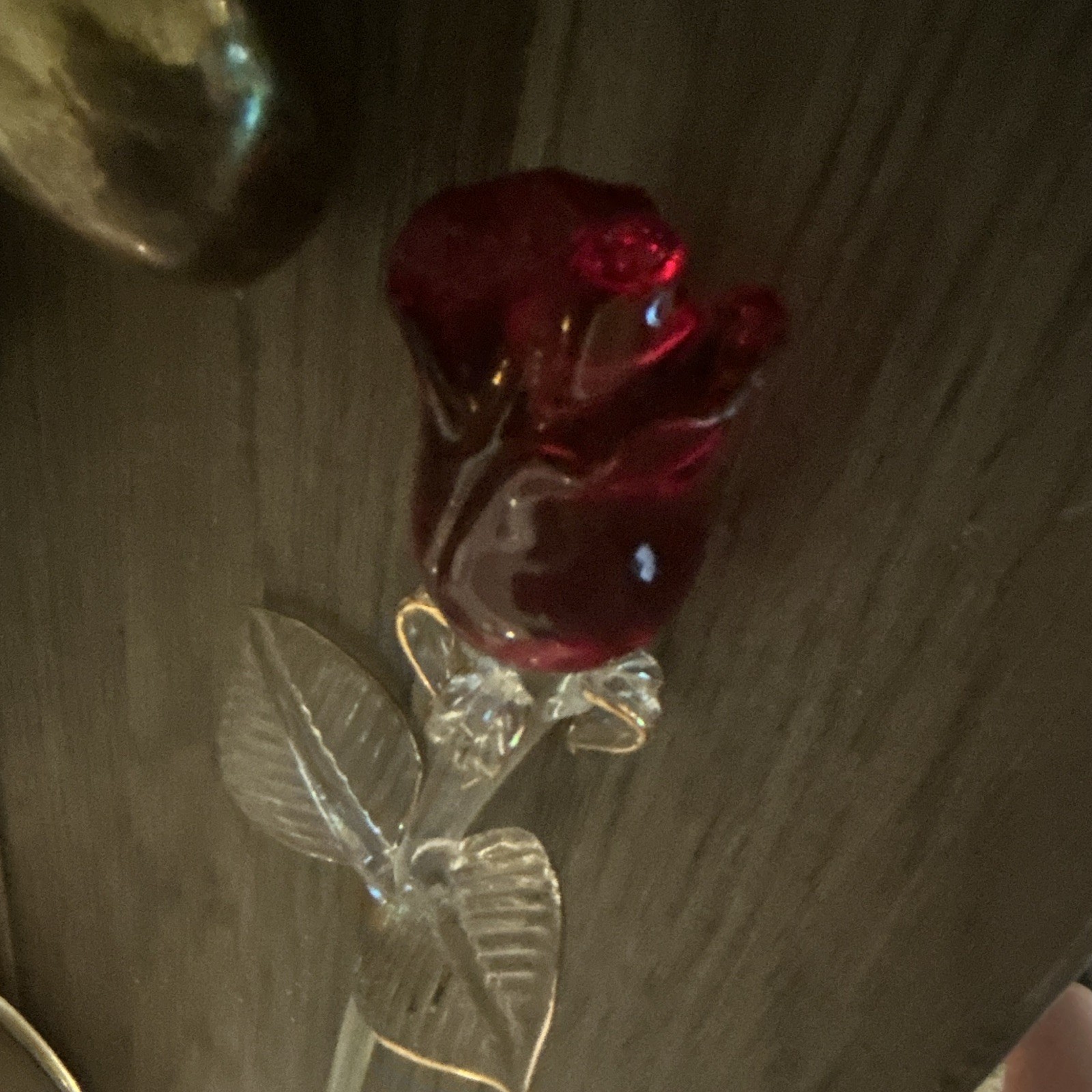 Glass crystal rose Flower Stem Figurine, Red with Clear Stem and Leaves