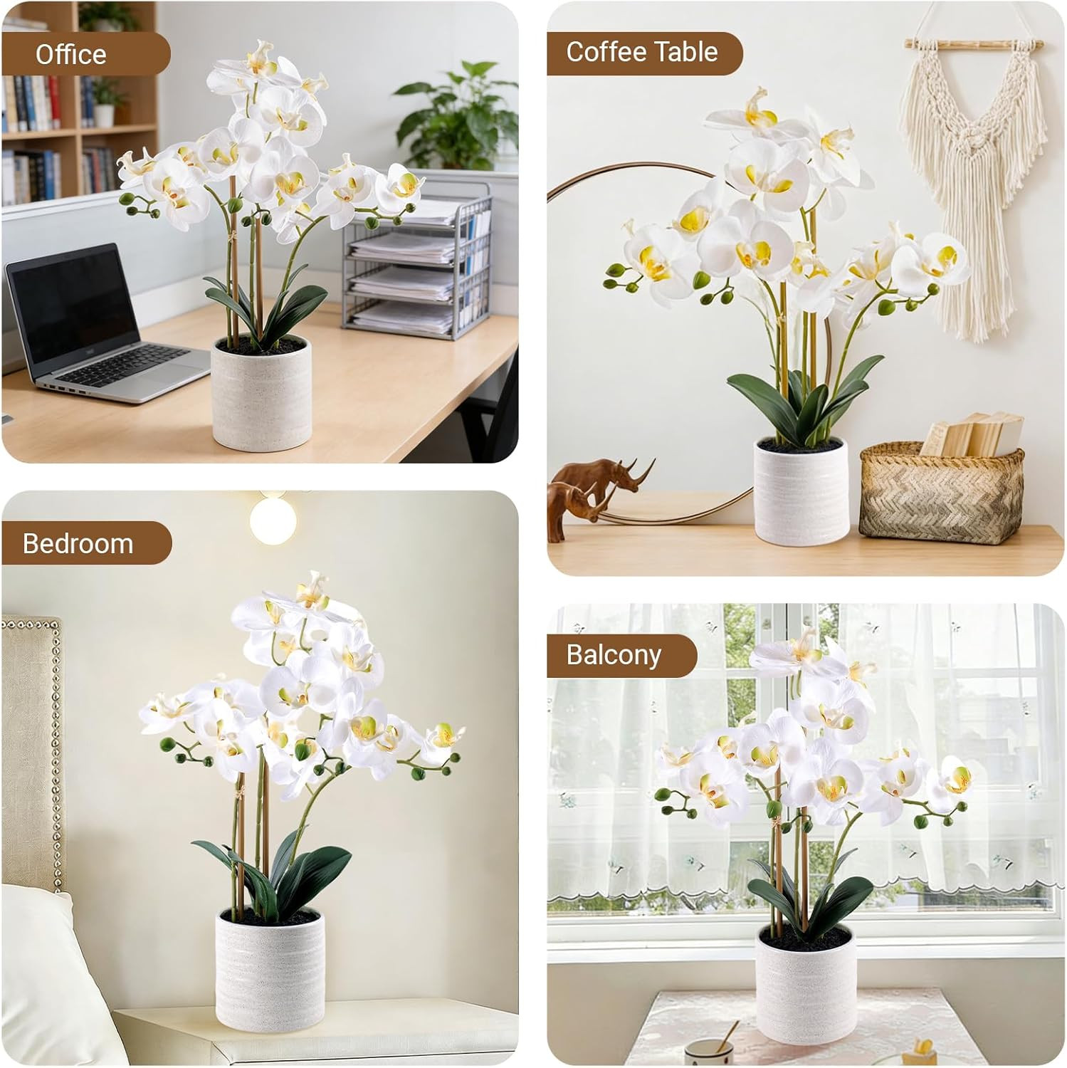 Realistic 23″ Fake Orchid Plant with Potted Phalaenopsis for Home Decor – White