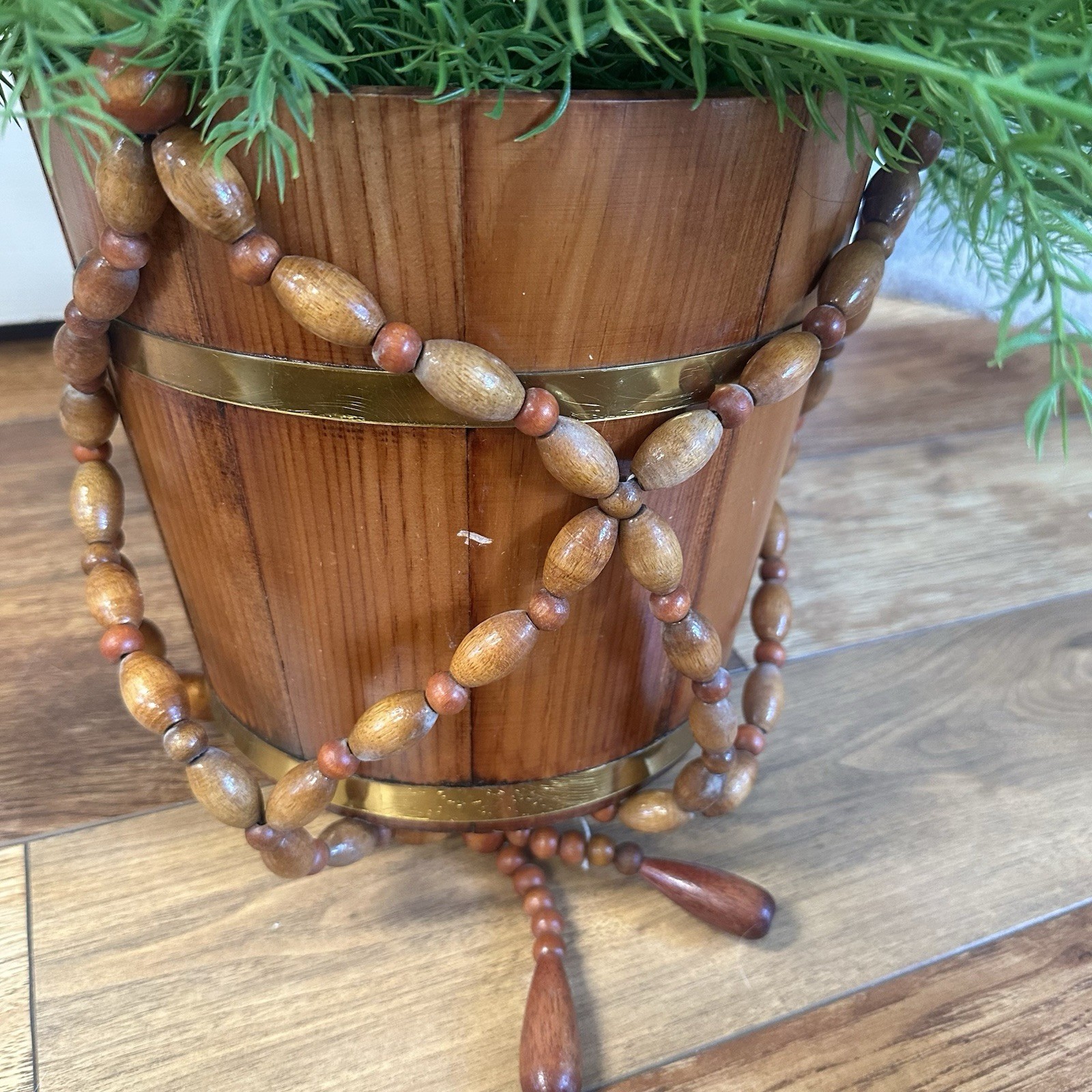 Vintage MCM 70’s Gorgeous Faux Fern Hanging Plant with Wooden Macrame Basket