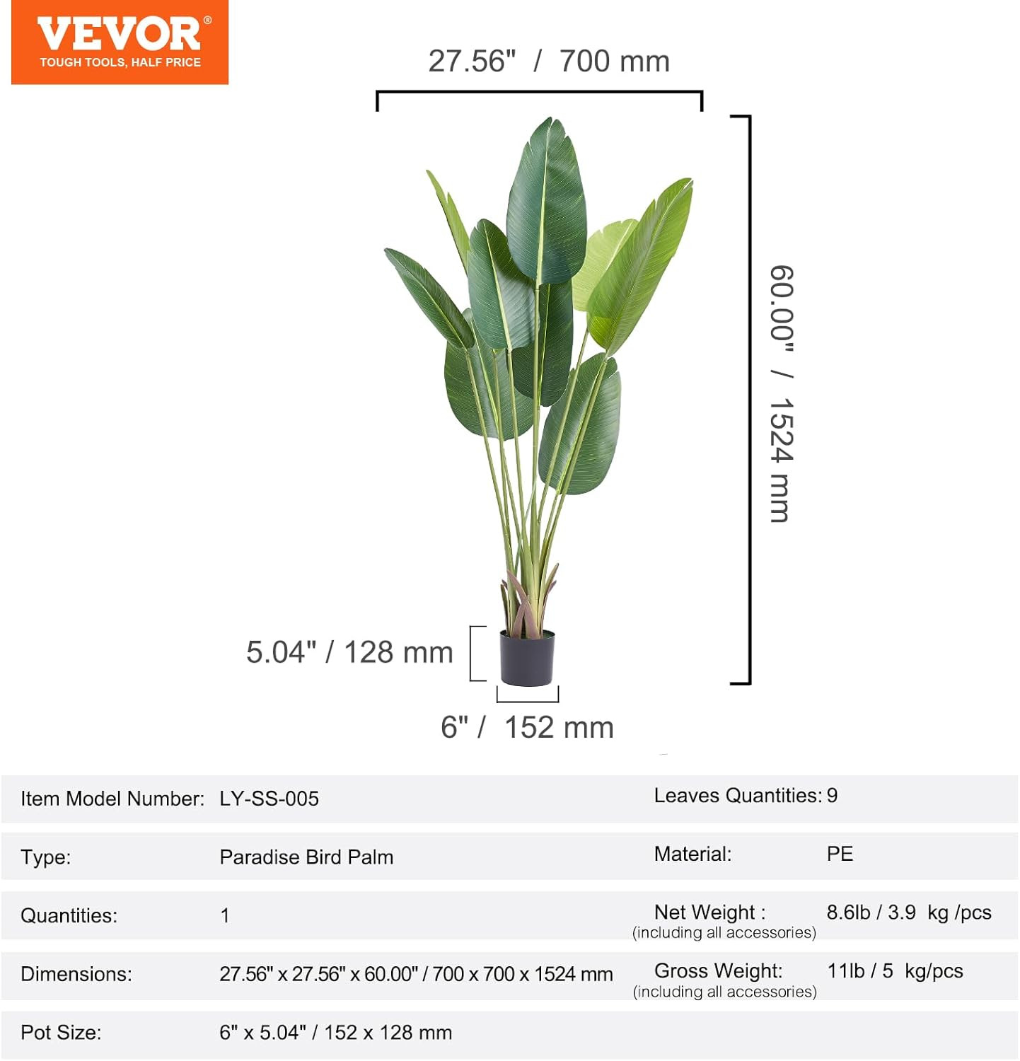 Artificial Bird of Paradise Tree, 5 FT Tall Faux Plant, PE Material & Anti-Tip T