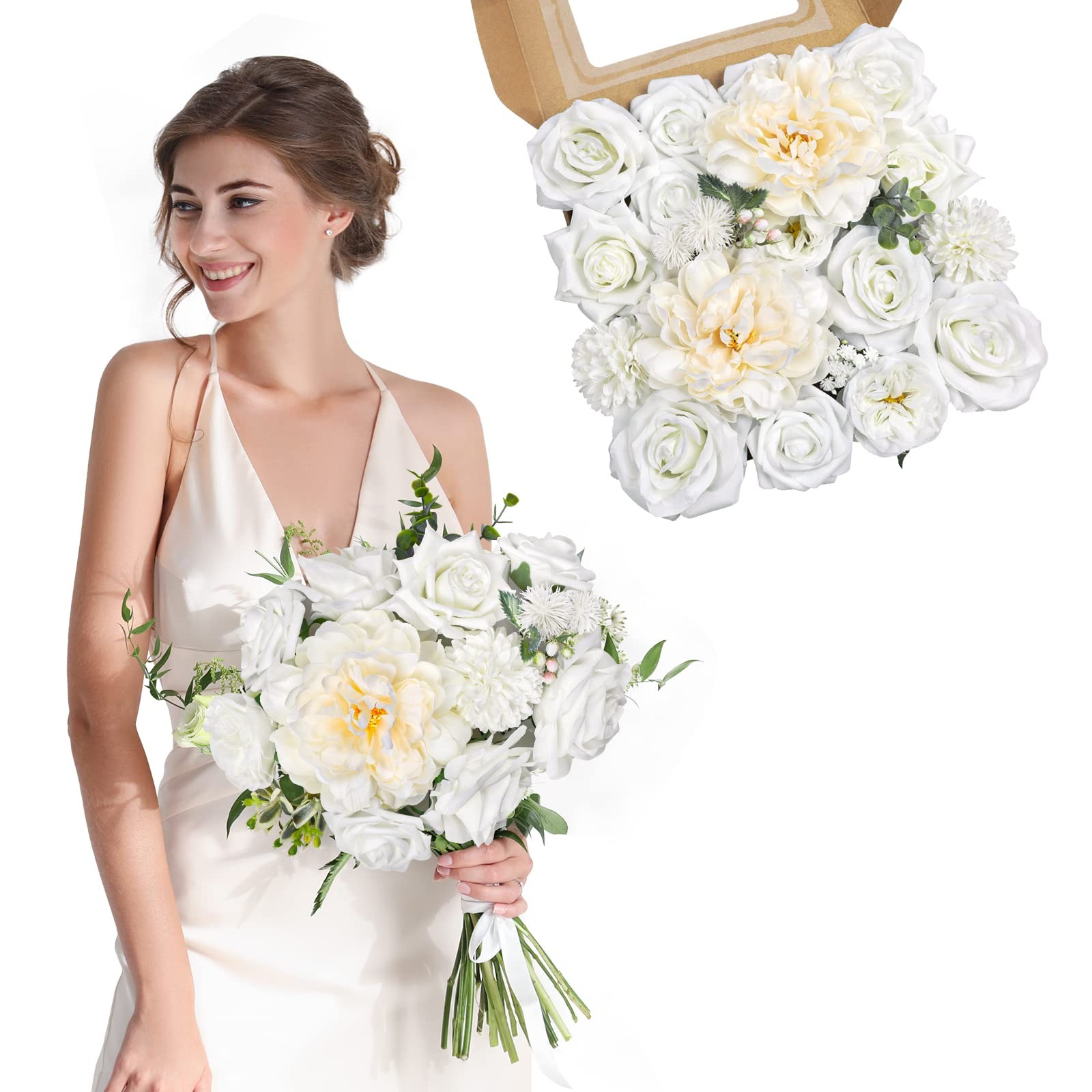 White Artificial Flowers Combo Silk Mix Peony Rose Hydrangea Daisy Fake Flowe…
