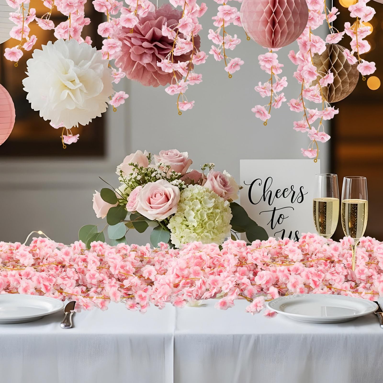 Cherry Blossom Garland, 6 Pack Artificial Cherry Flower Vines Pink Silk Sakur…