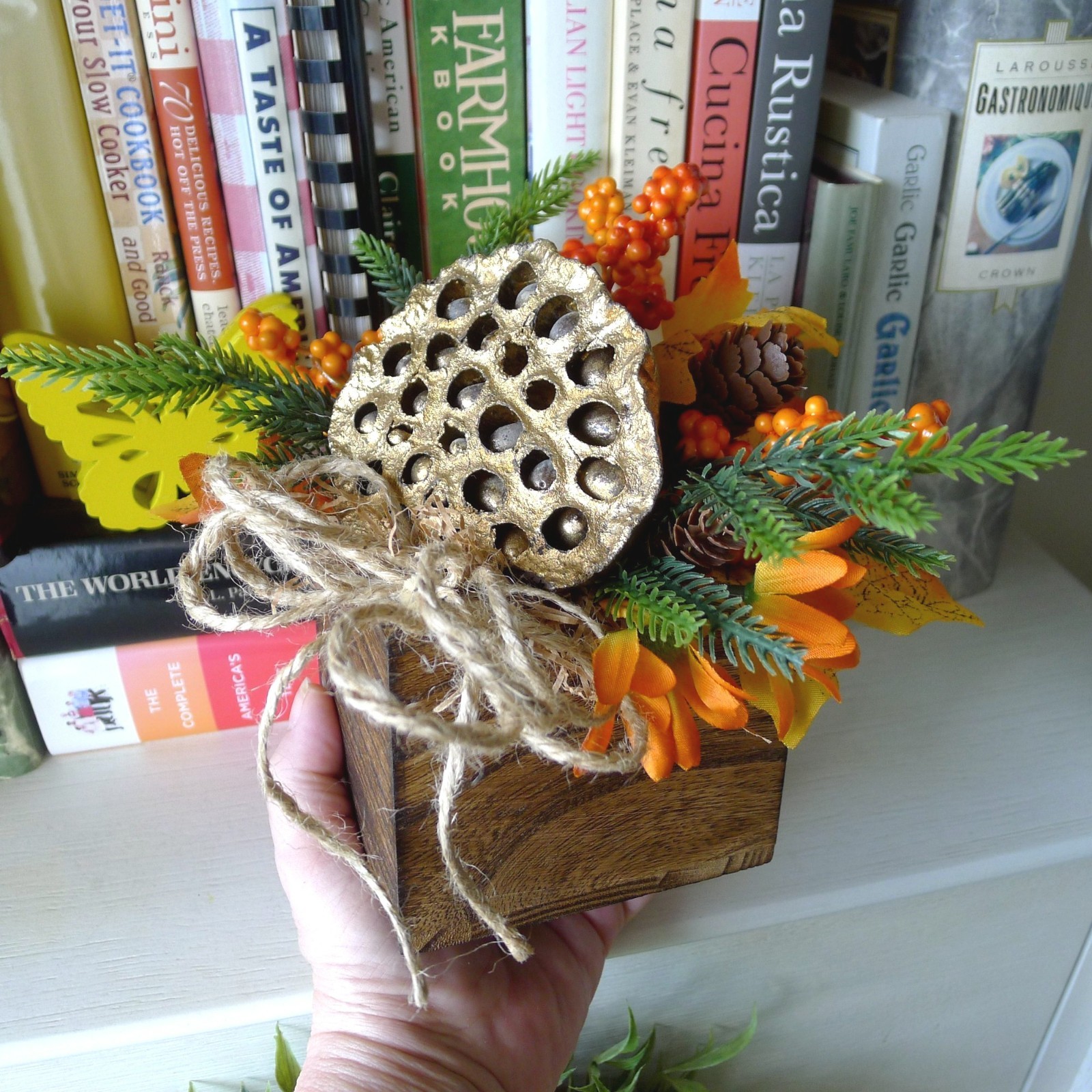 Petite Rustic Fall Floral Arrangement, Gold Lotus, Berries, Pine, Autumn Leaves
