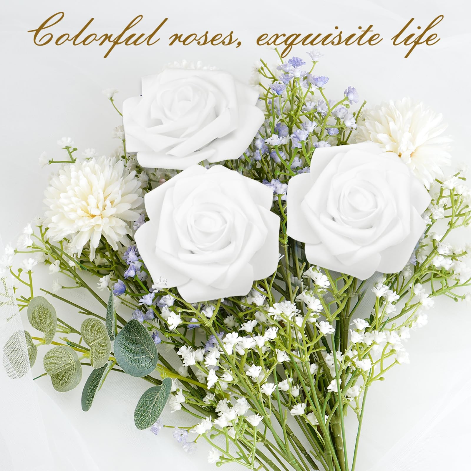 BLEUM CADE 36Pcs Artificial Flowers Fake Roses with Stems, White Boxed Foam R…