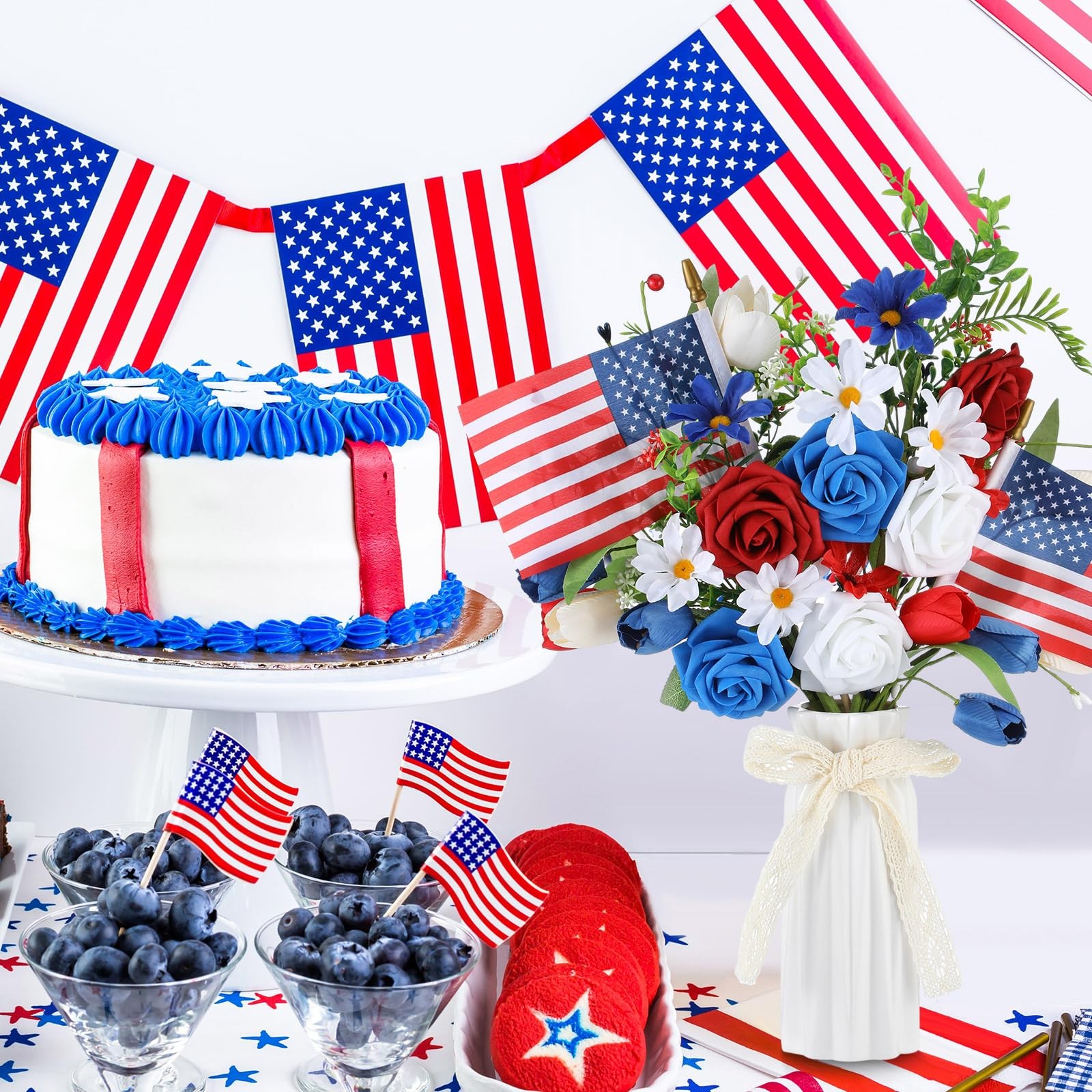 4 Bundles Memorial Day Flowers For Cemetery Artificial Grave Bouquet Flags