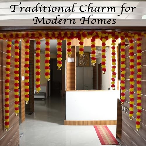 Marubhumi 5-PC Artificial Marigold Flower Garland – 4.5 Feet Long Yellow/Red