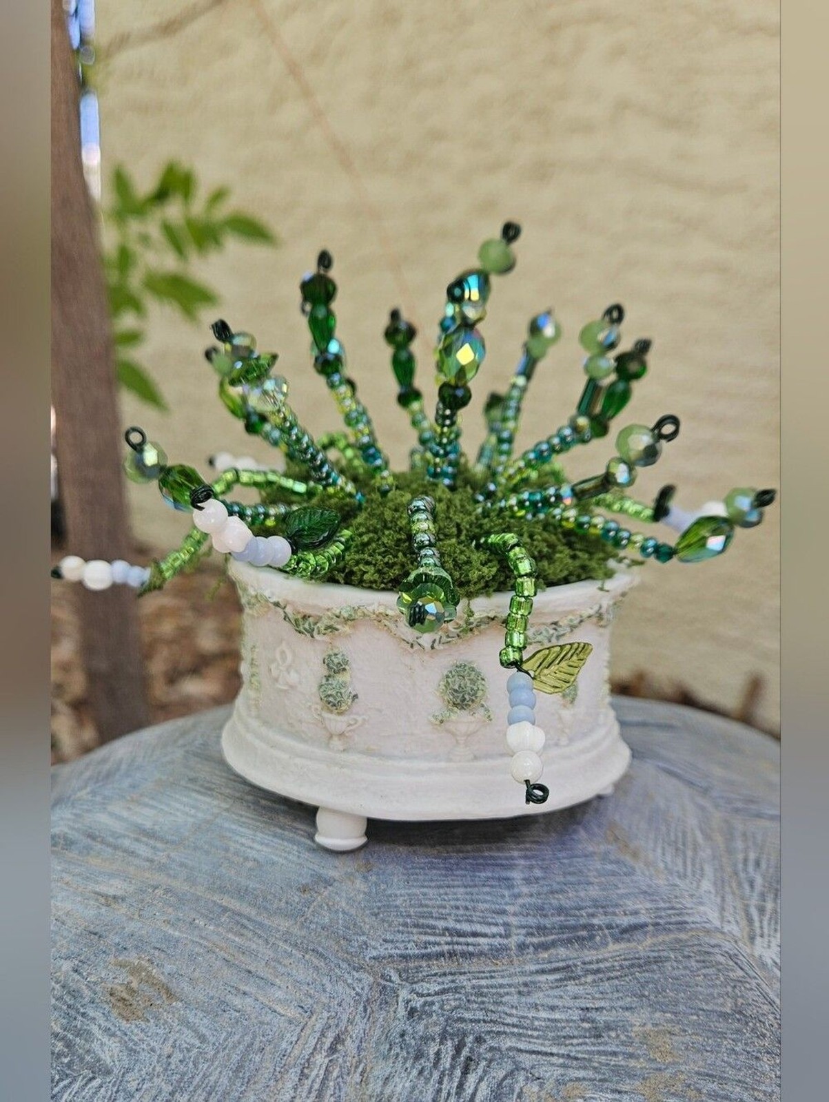 Handcrafted Green Beaded Succulent in White Decorative Pot