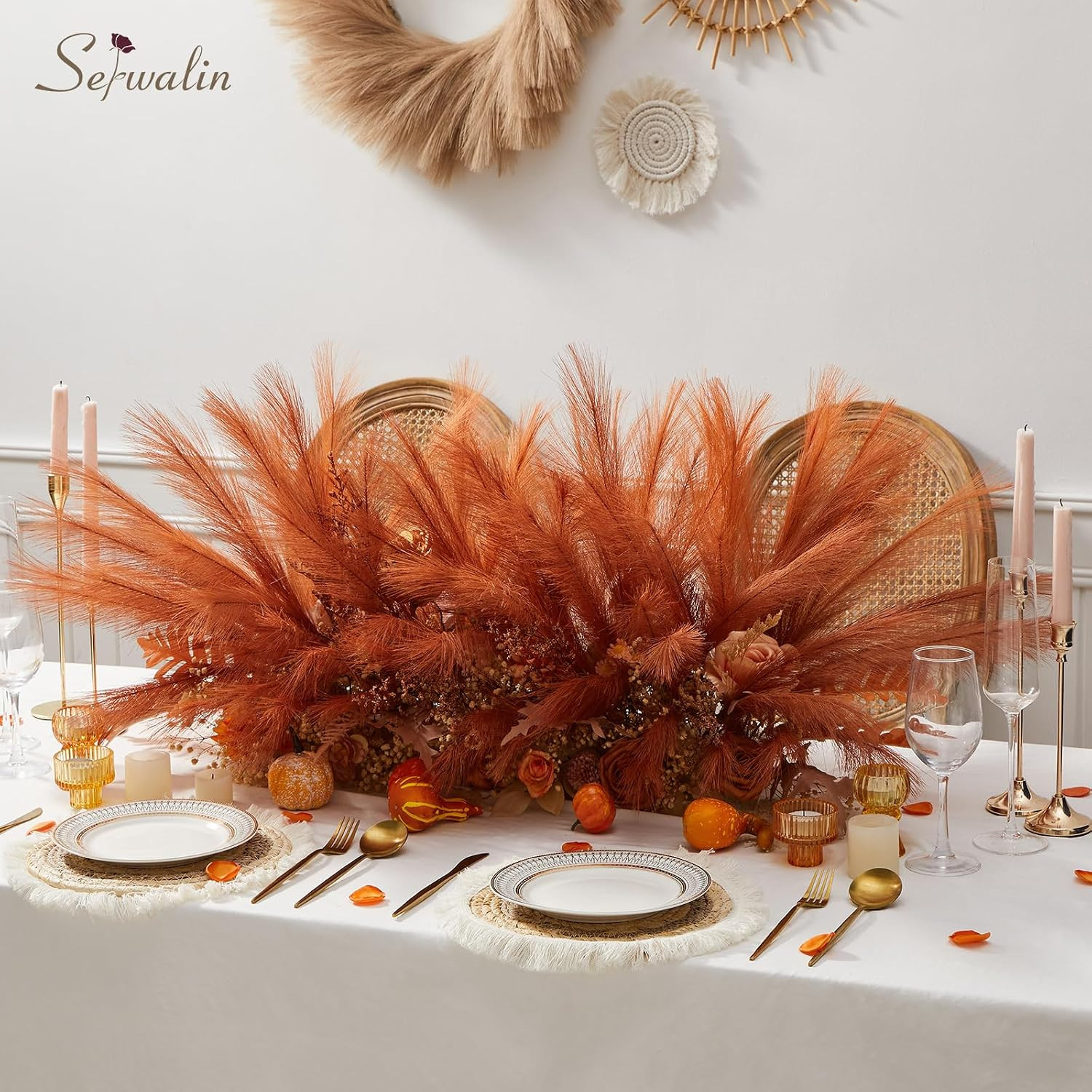 60PCS 17.7″ Burnt Orange Pampas Grass Decor for Vase Filler Home | Artificial Sh
