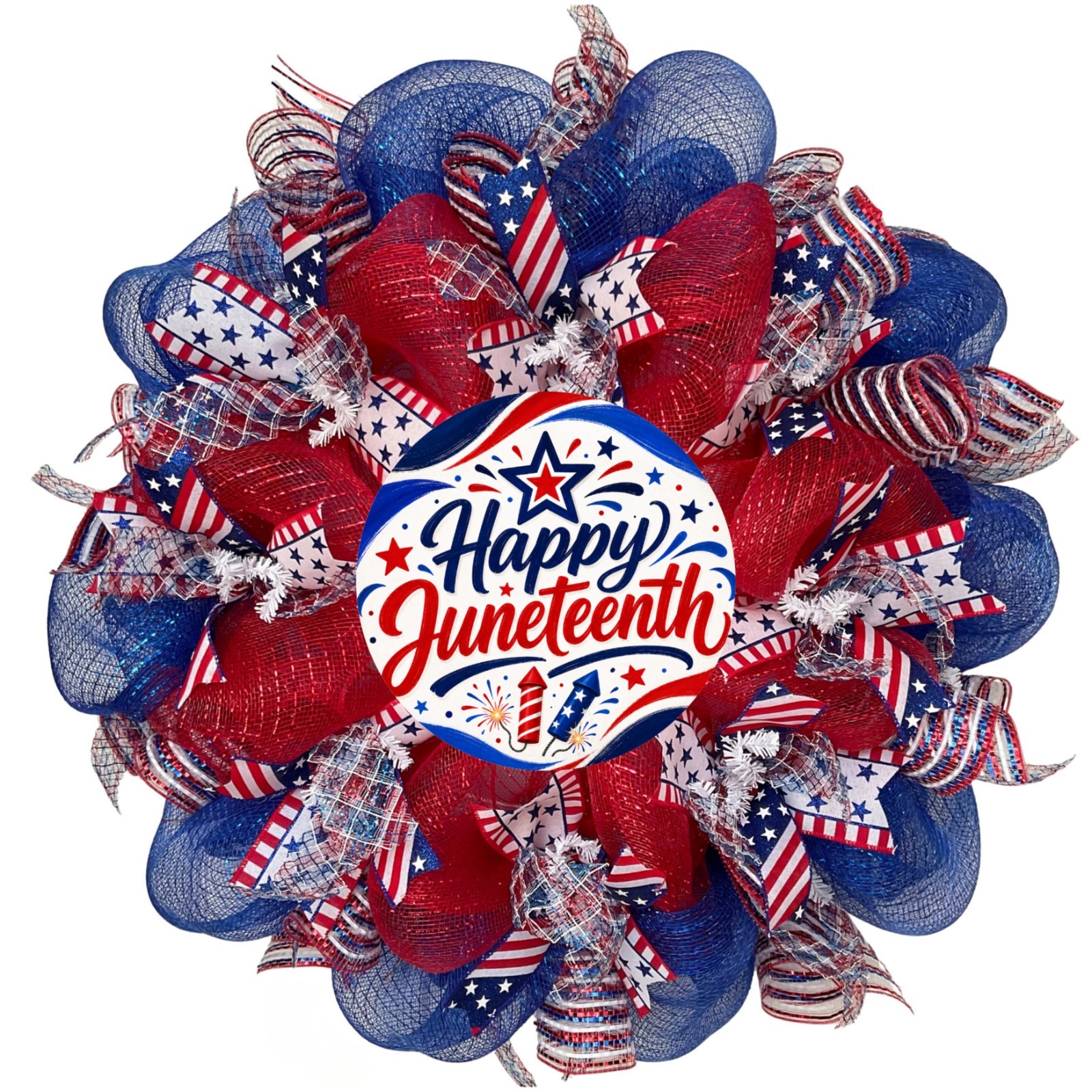 Happy Juneteenth Red White and Blue Handmade Deco Mesh Wreath