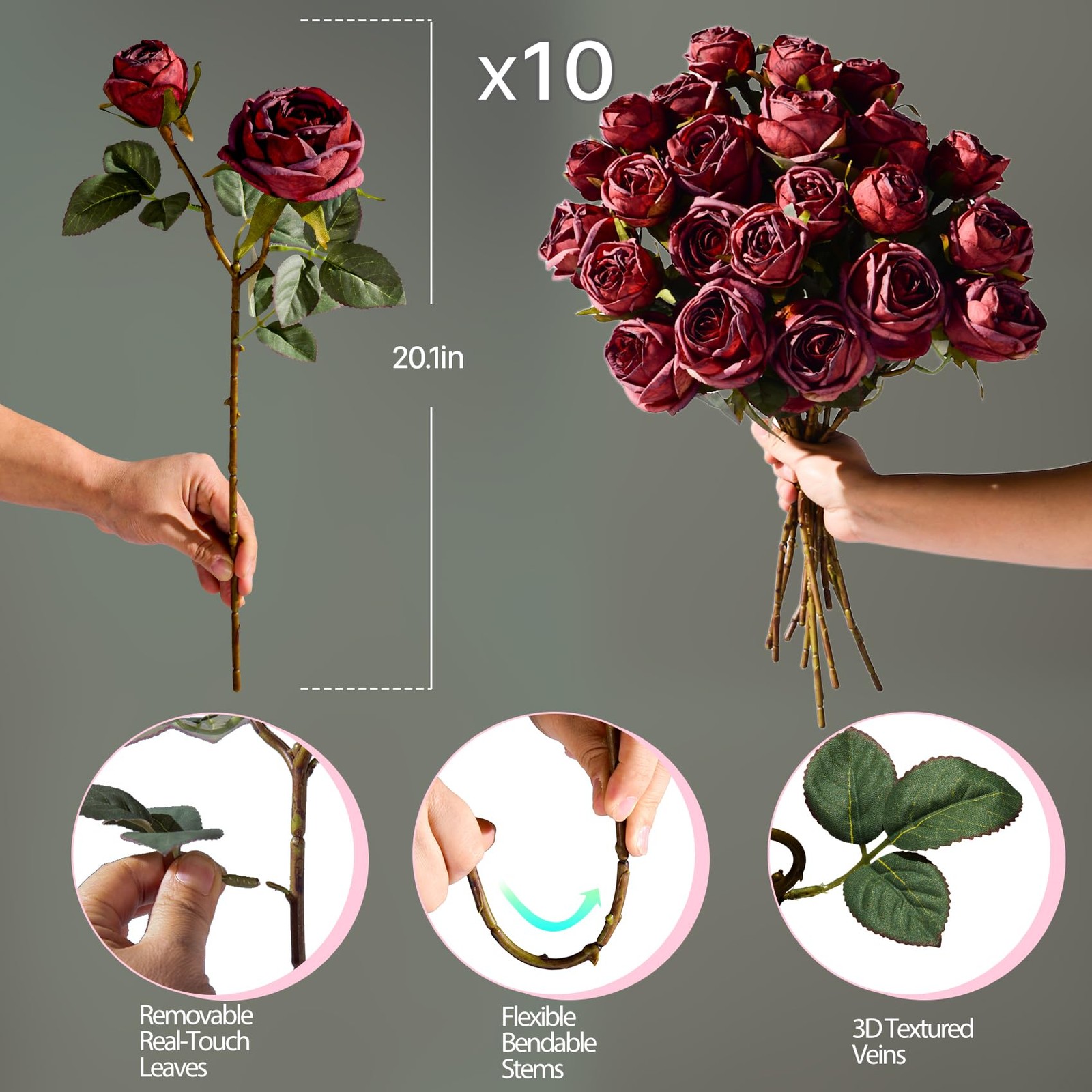 Burgundy Garden Style Silk Artificial Fake Rose Flowers Loose Bouquet 20 PCS