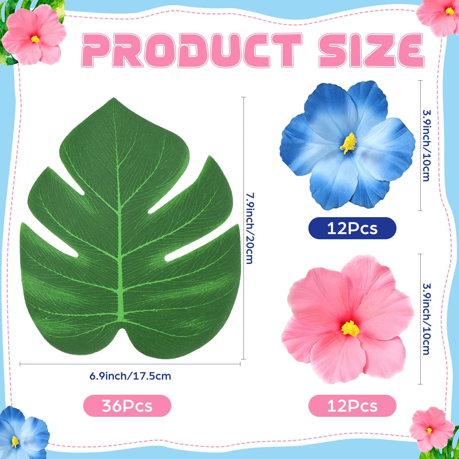 60 PCS Tropical Party Decorations Hibiscus Flower Palm Leaves Luau Table